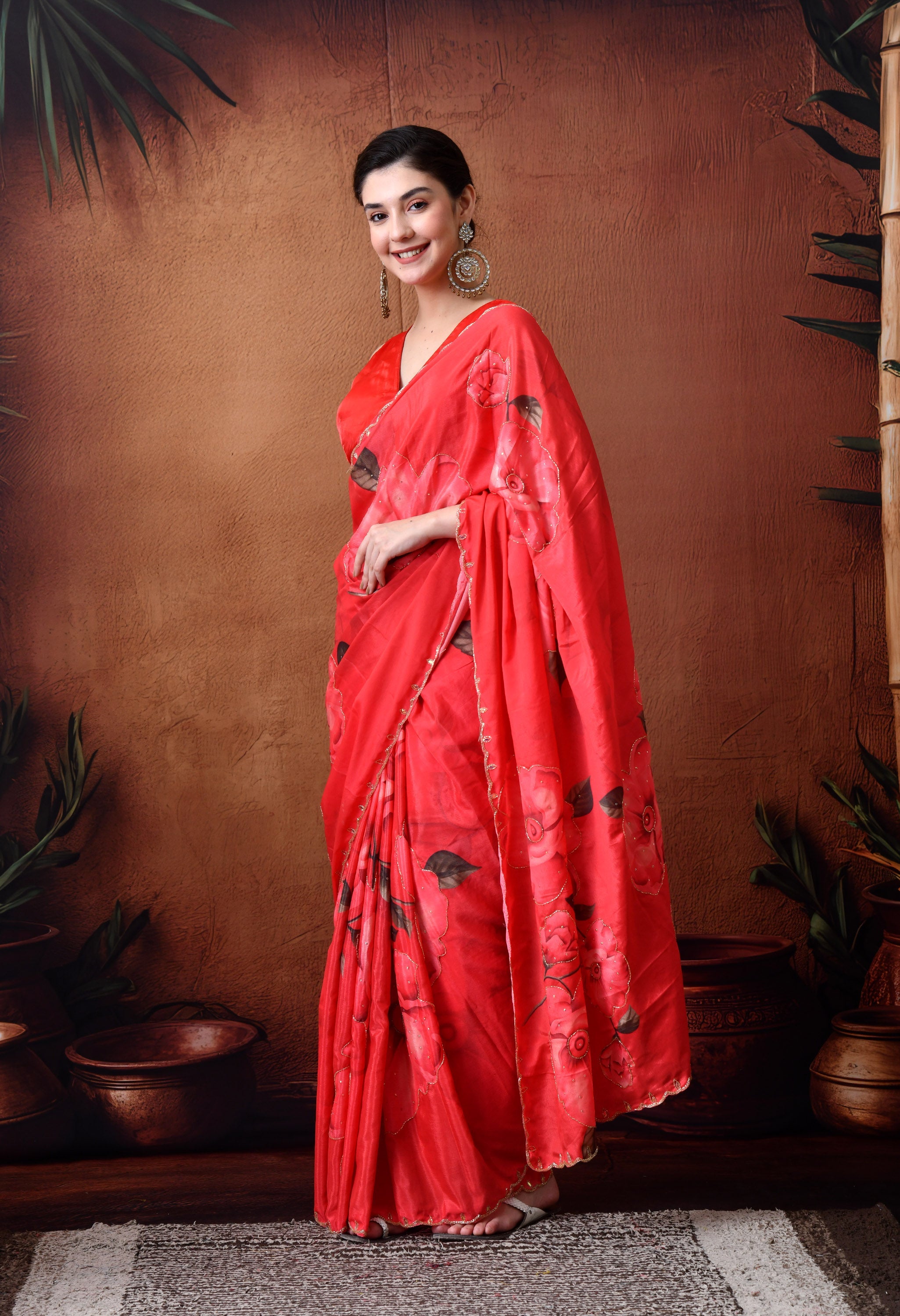 Digital Printed Red Georgette Saree