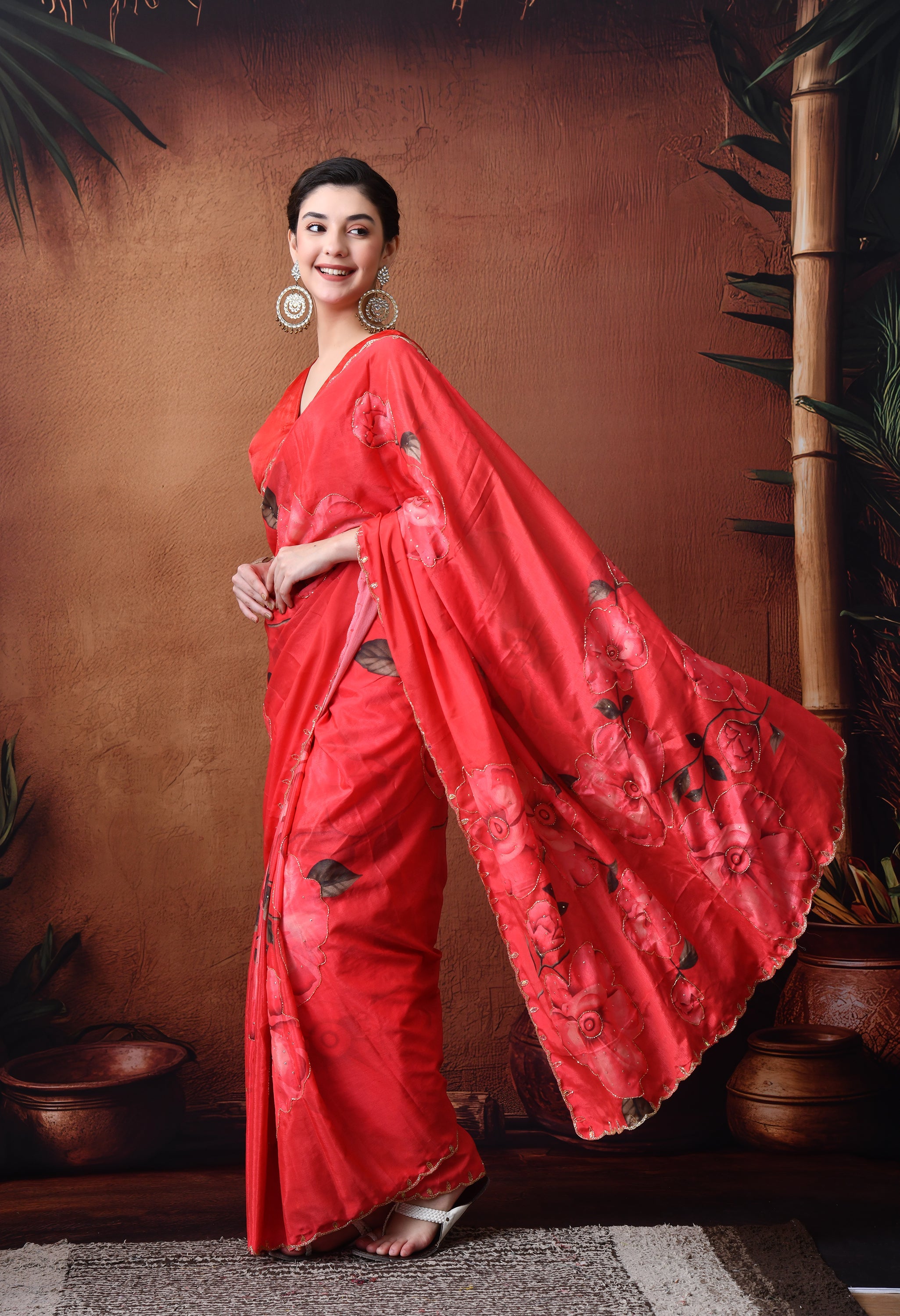 Digital Printed Red Georgette Saree