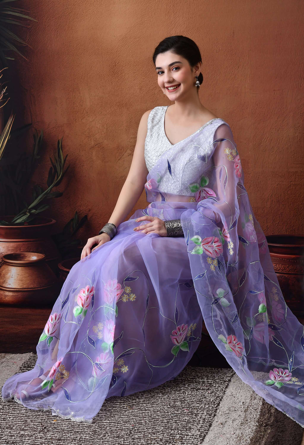 Hand Printed Purple Organza Saree