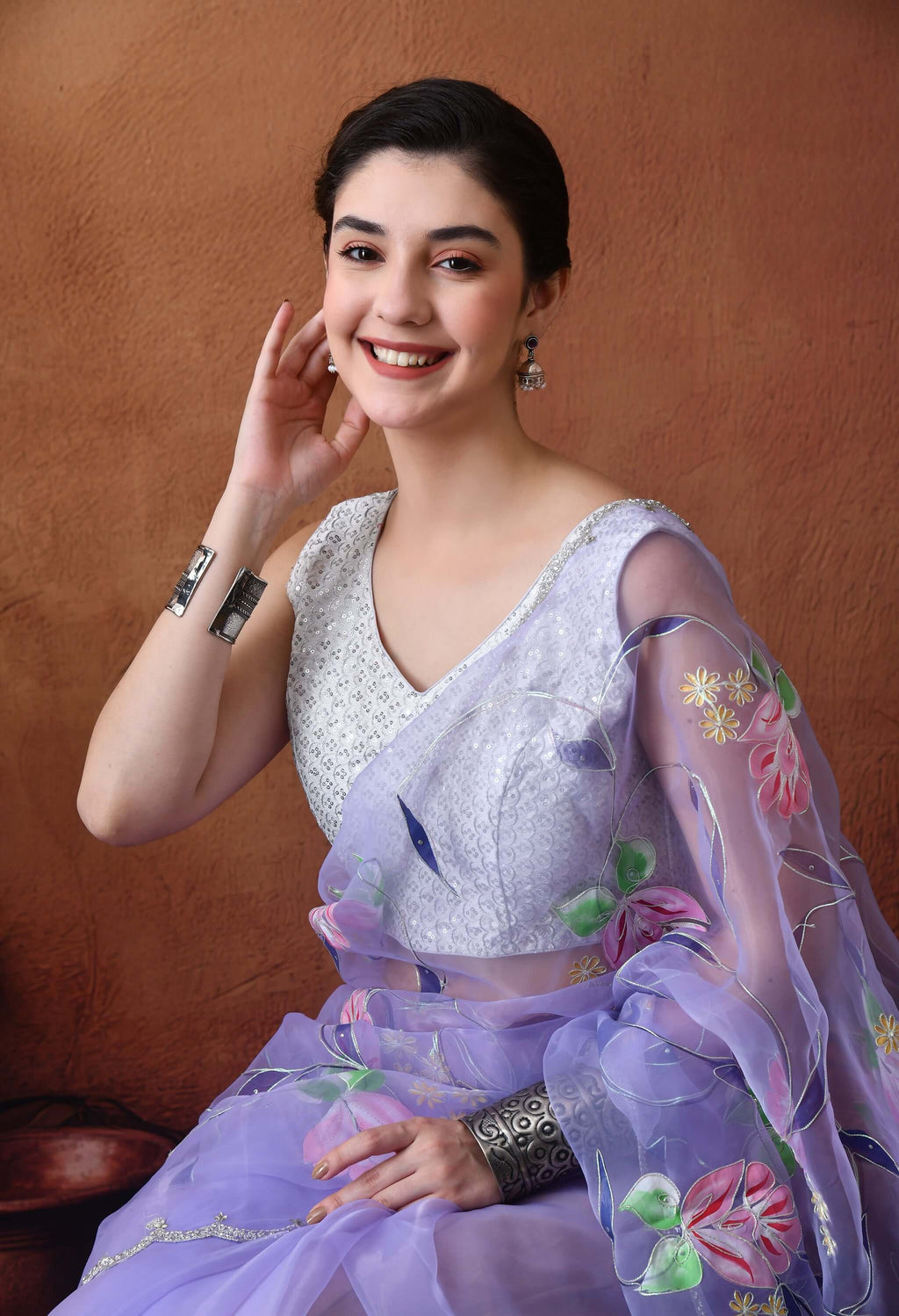 Hand Printed Purple Organza Saree