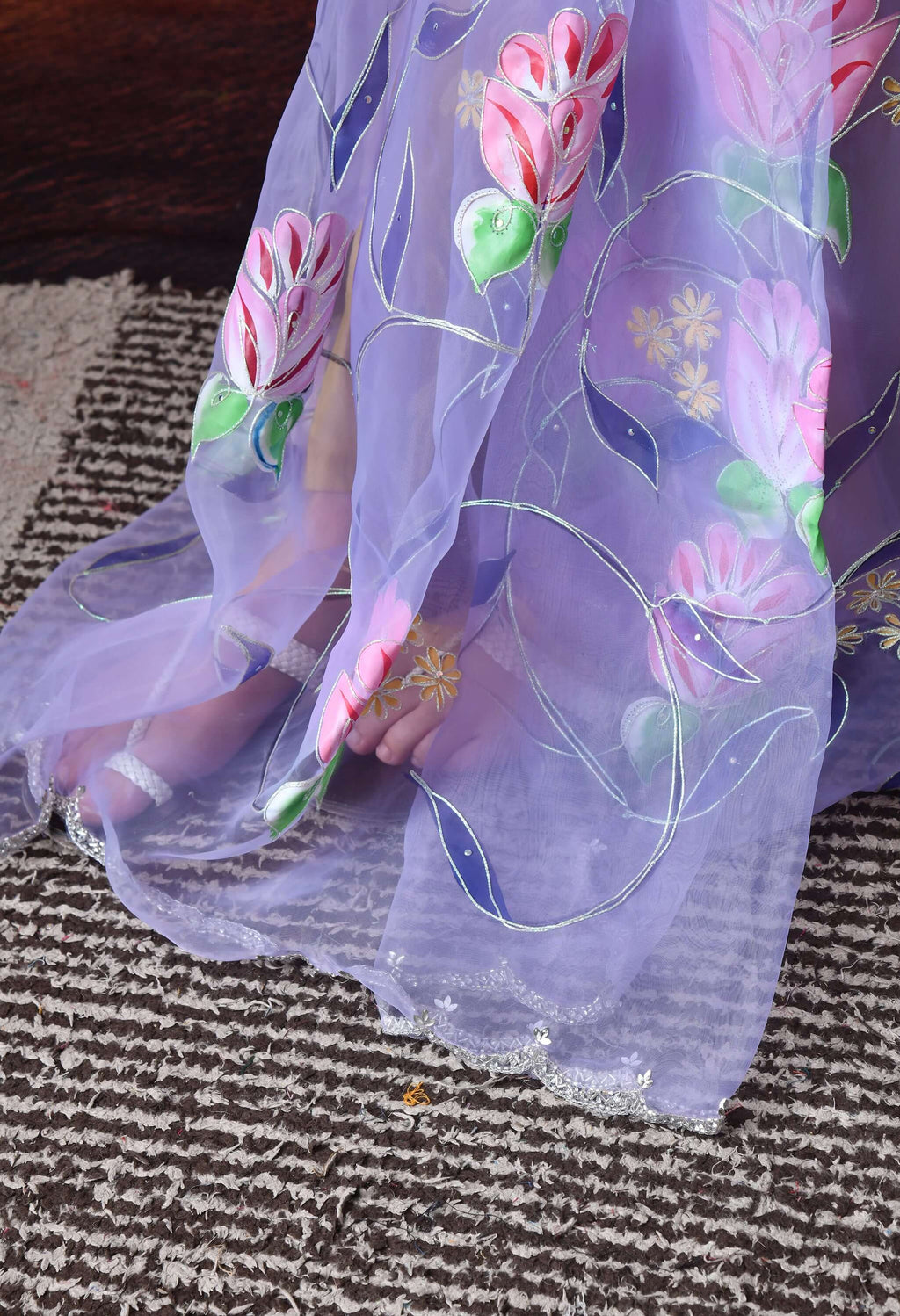 Hand Printed Purple Organza Saree