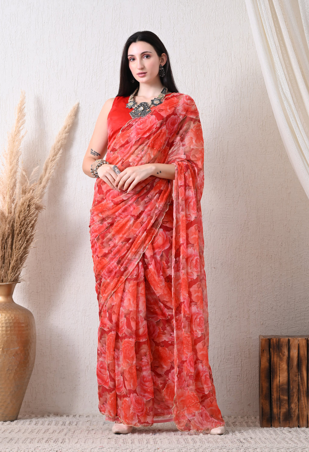 Digital Printed Orange Chiffon Saree