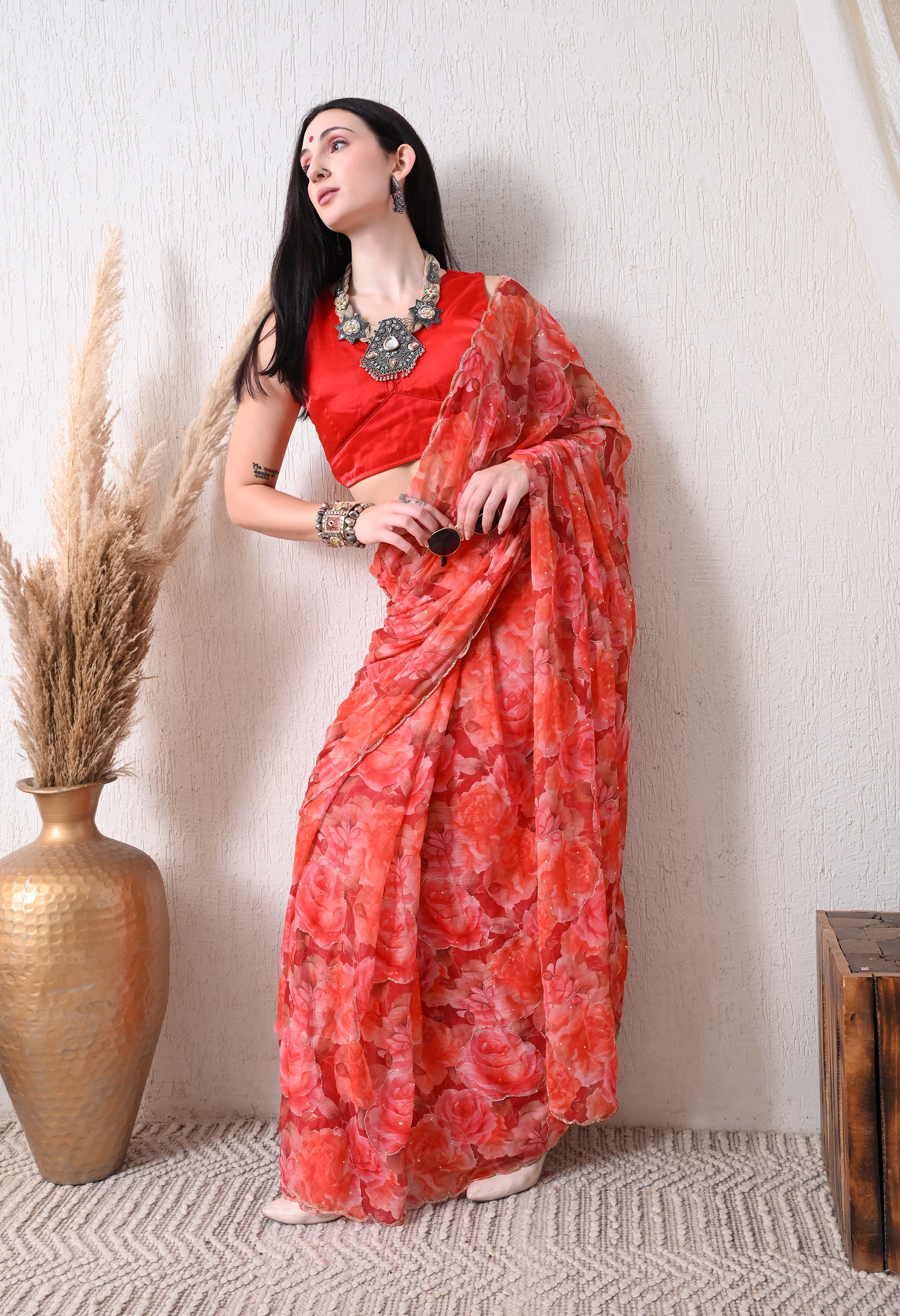 Digital Printed Orange Chiffon Saree