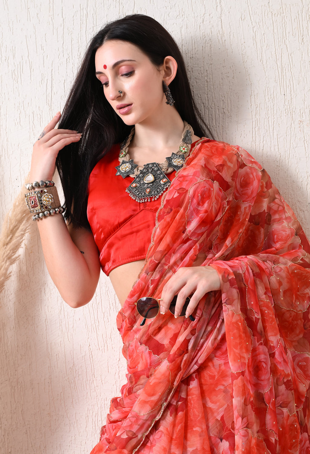 Digital Printed Orange Chiffon Saree