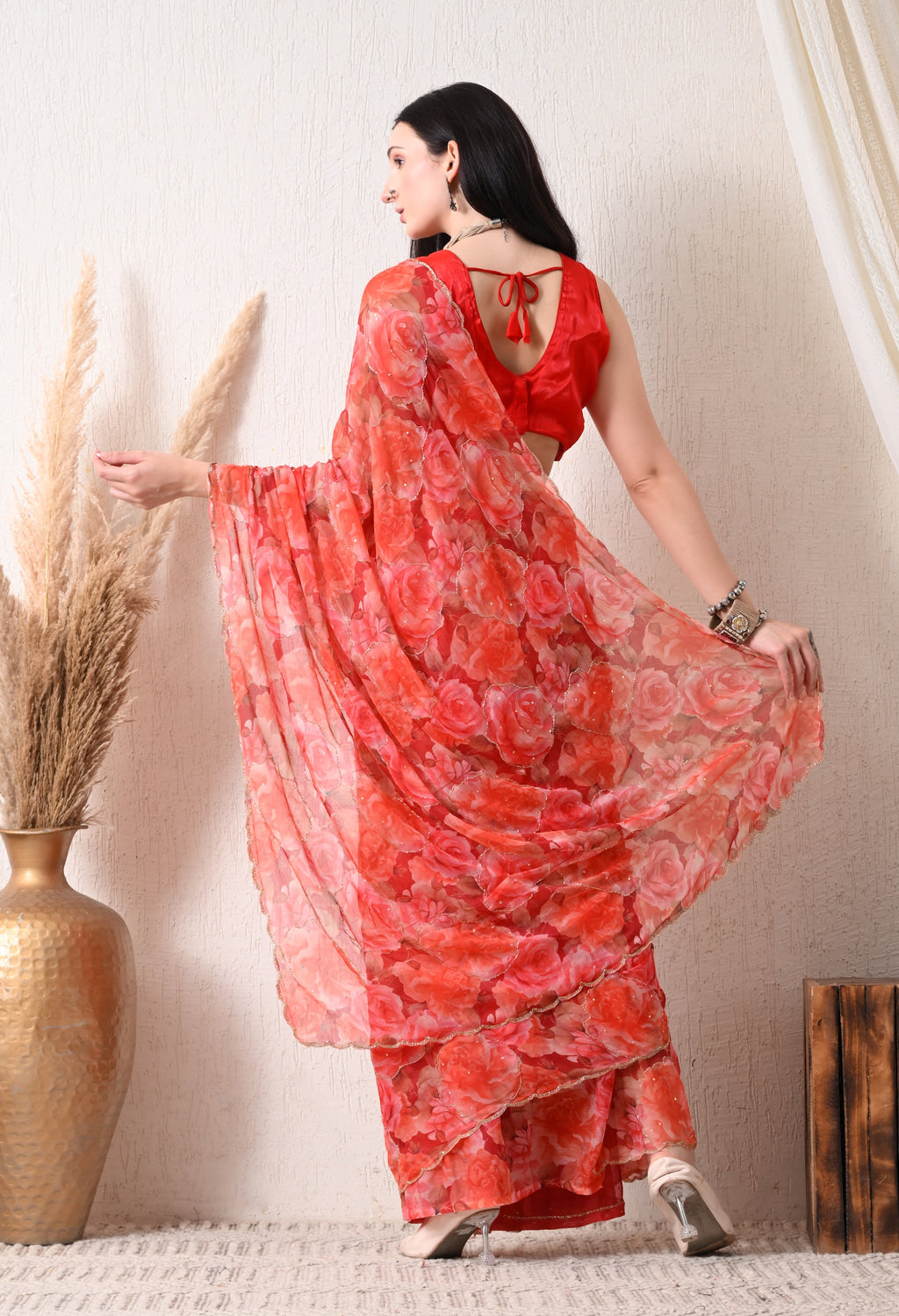 Digital Printed Orange Chiffon Saree
