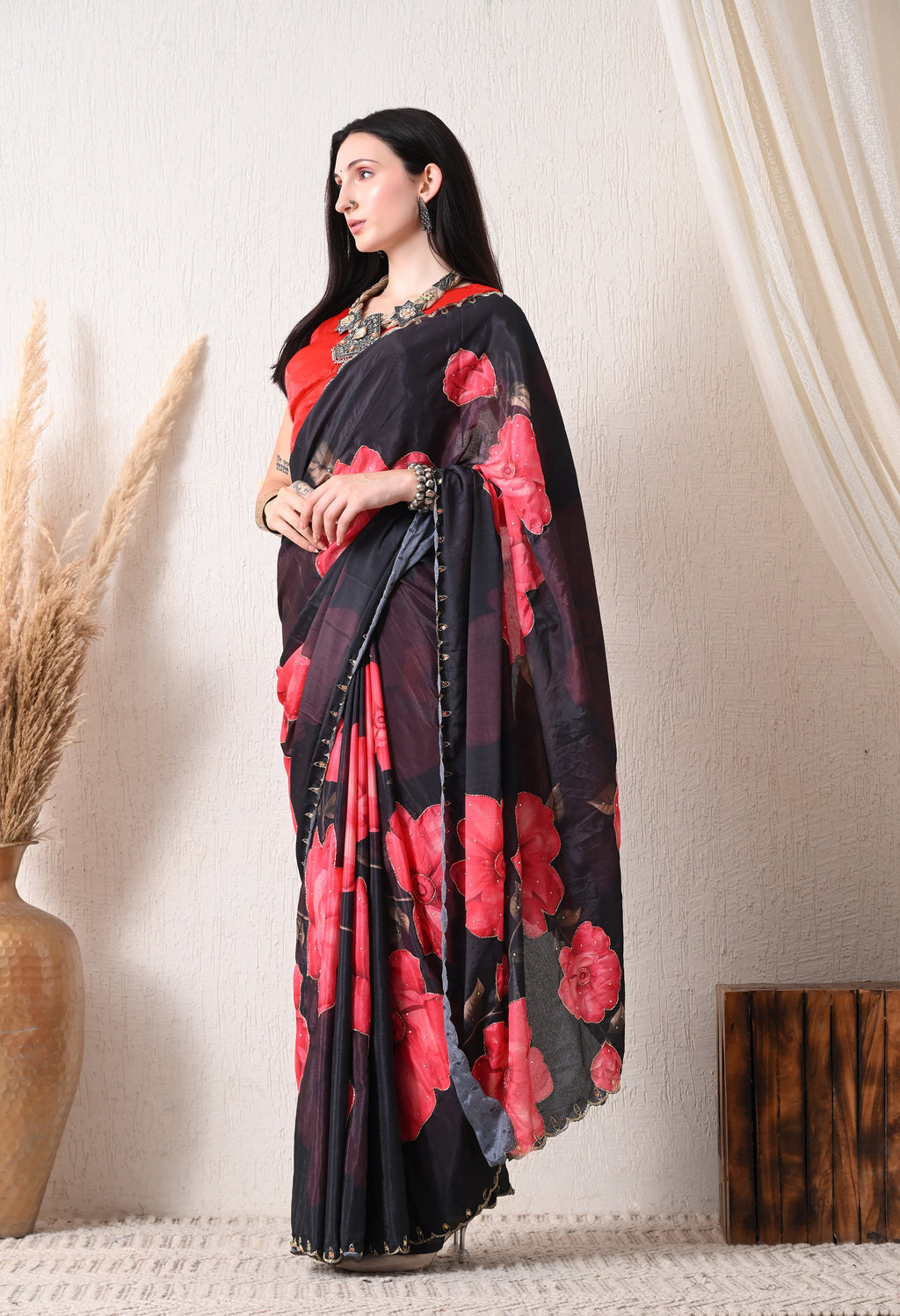 Digital Printed Black Georgette Saree