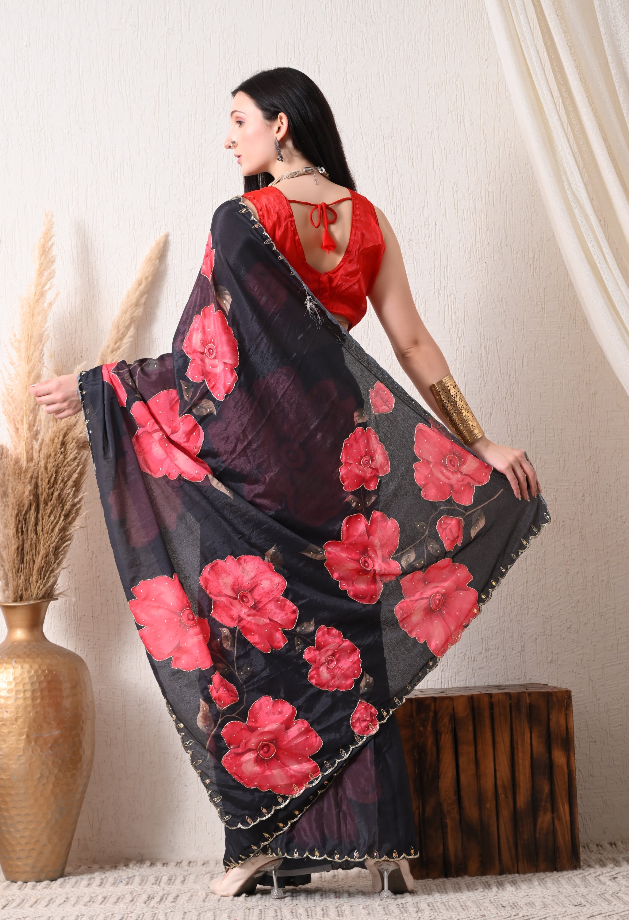 Digital Printed Black Georgette Saree