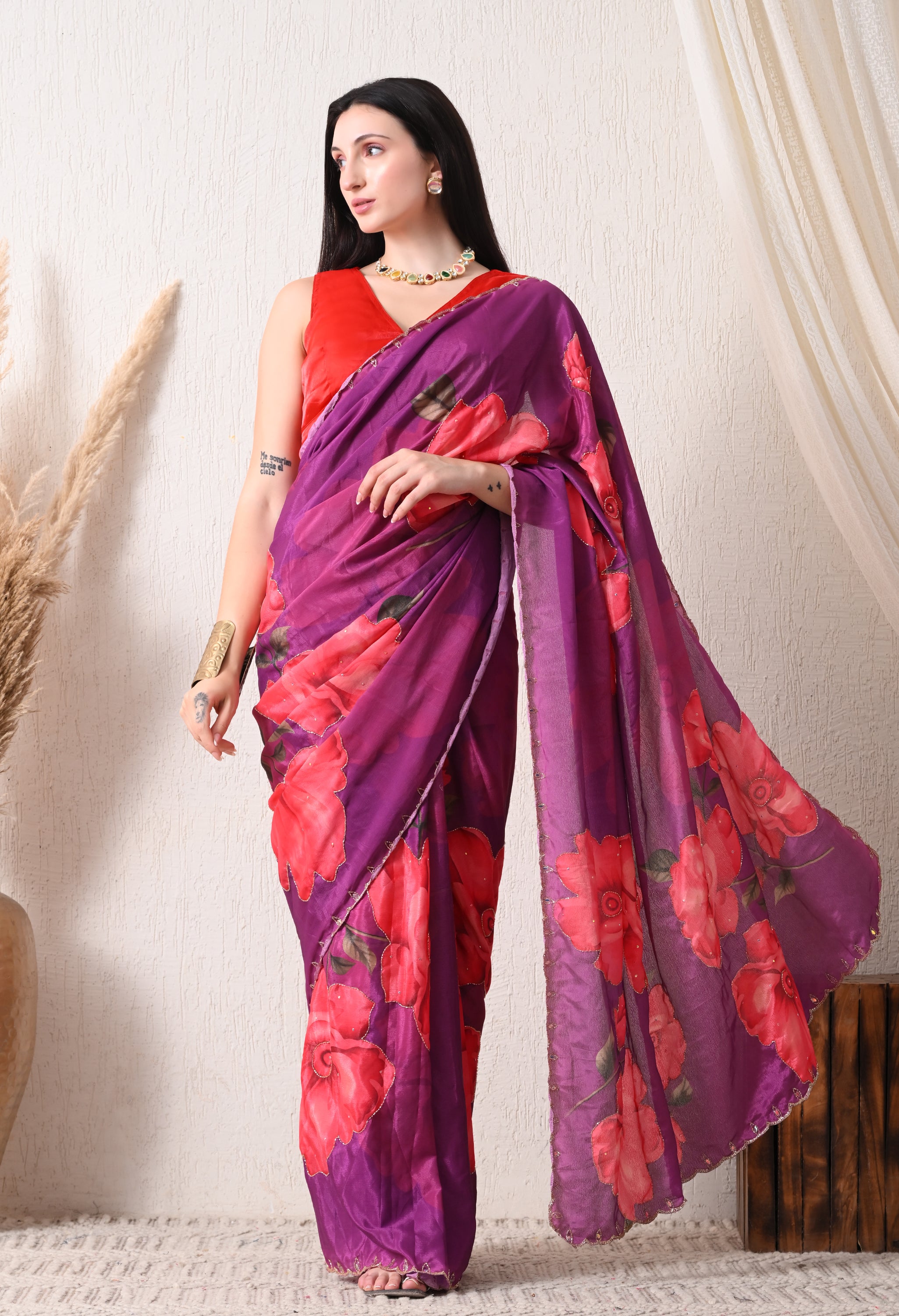 Digital Printed Purple Georgette Saree