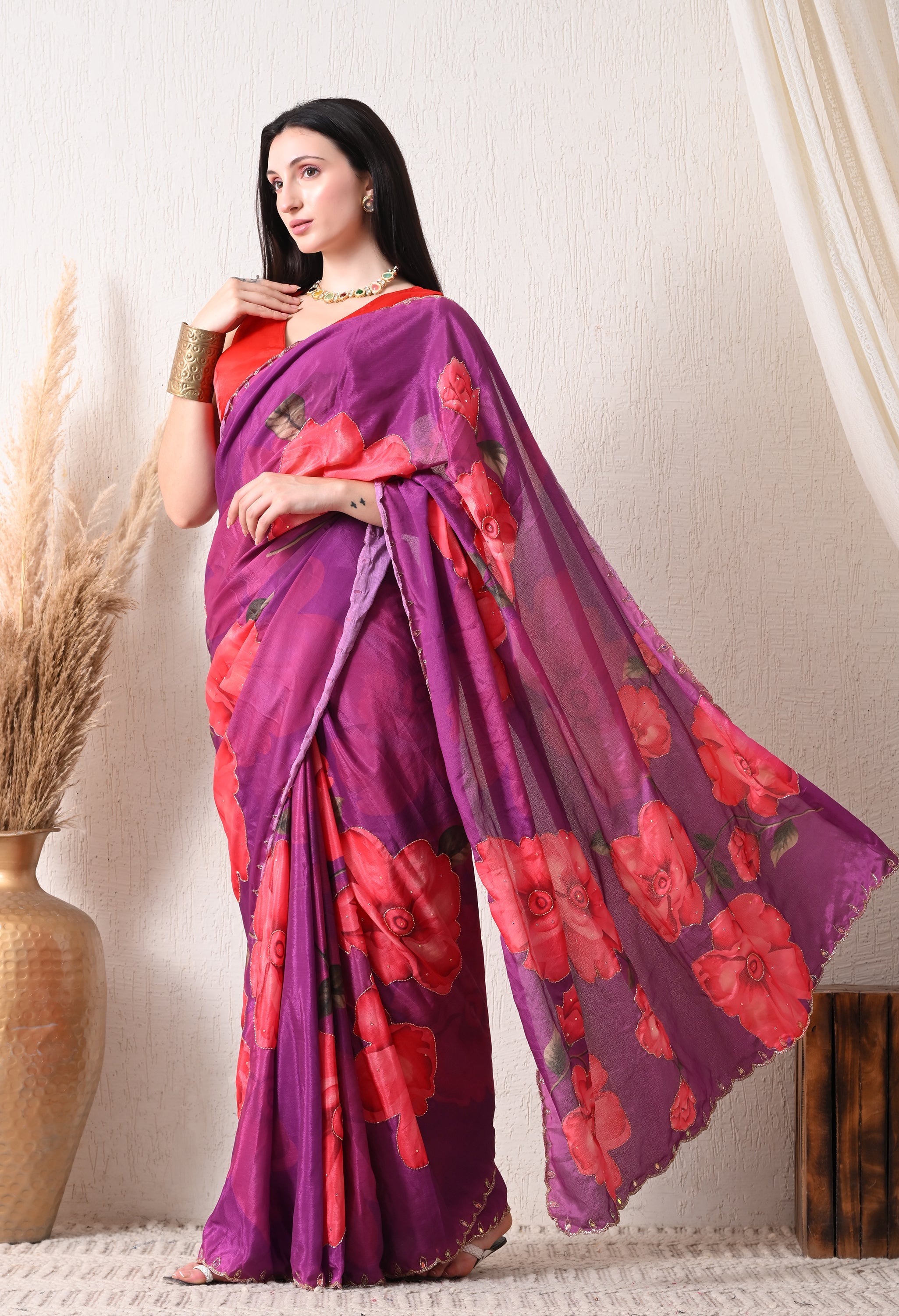 Digital Printed Purple Georgette Saree