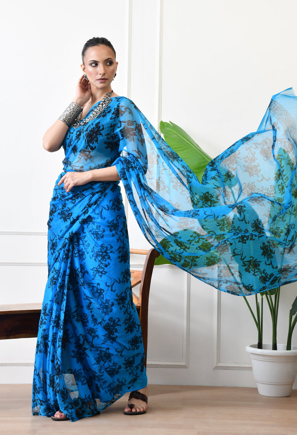 Printed Blue Chiffon Saree