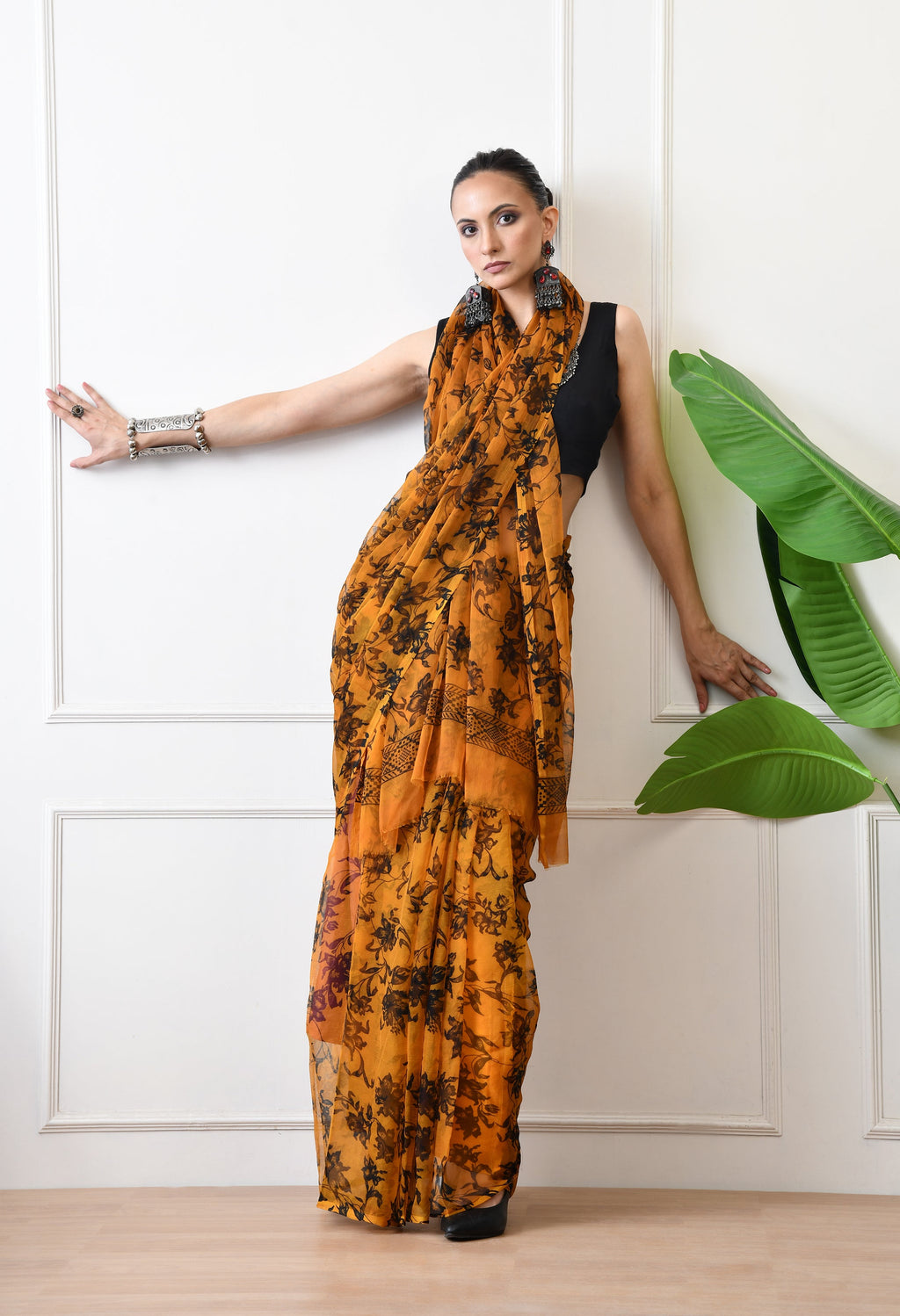 Printed Mustard Yellow Chiffon Saree