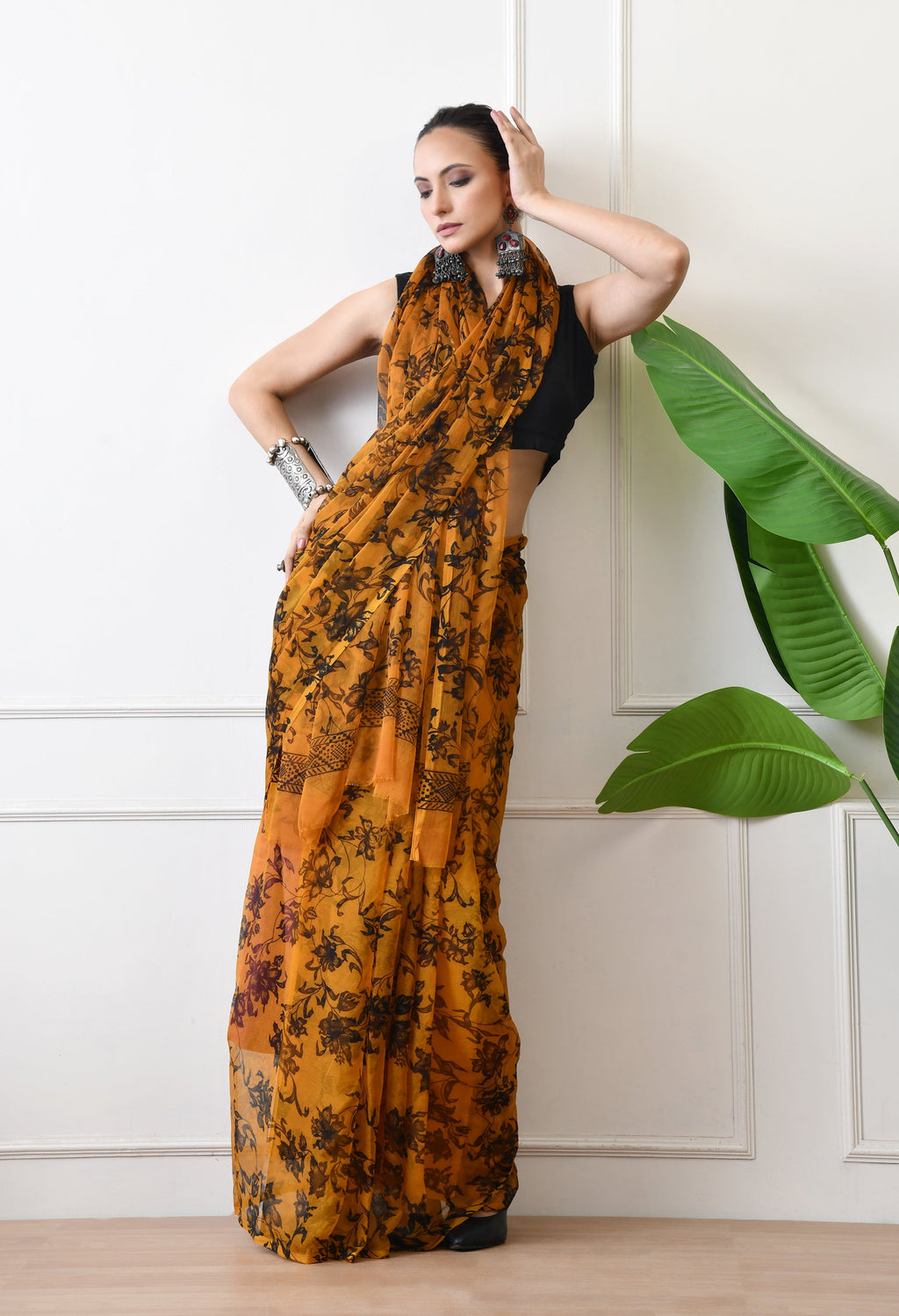 Printed Mustard Yellow Chiffon Saree