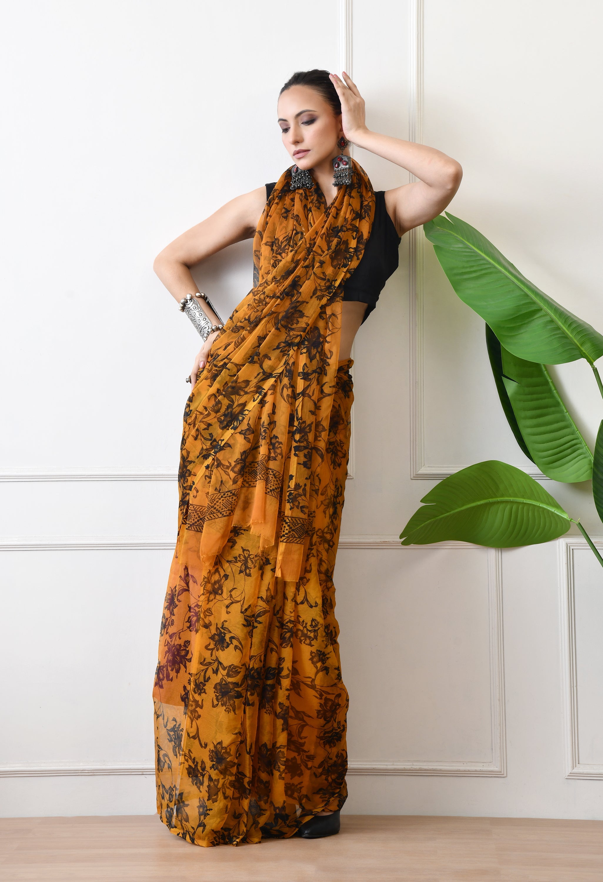 Printed Mustard Yellow Chiffon Saree