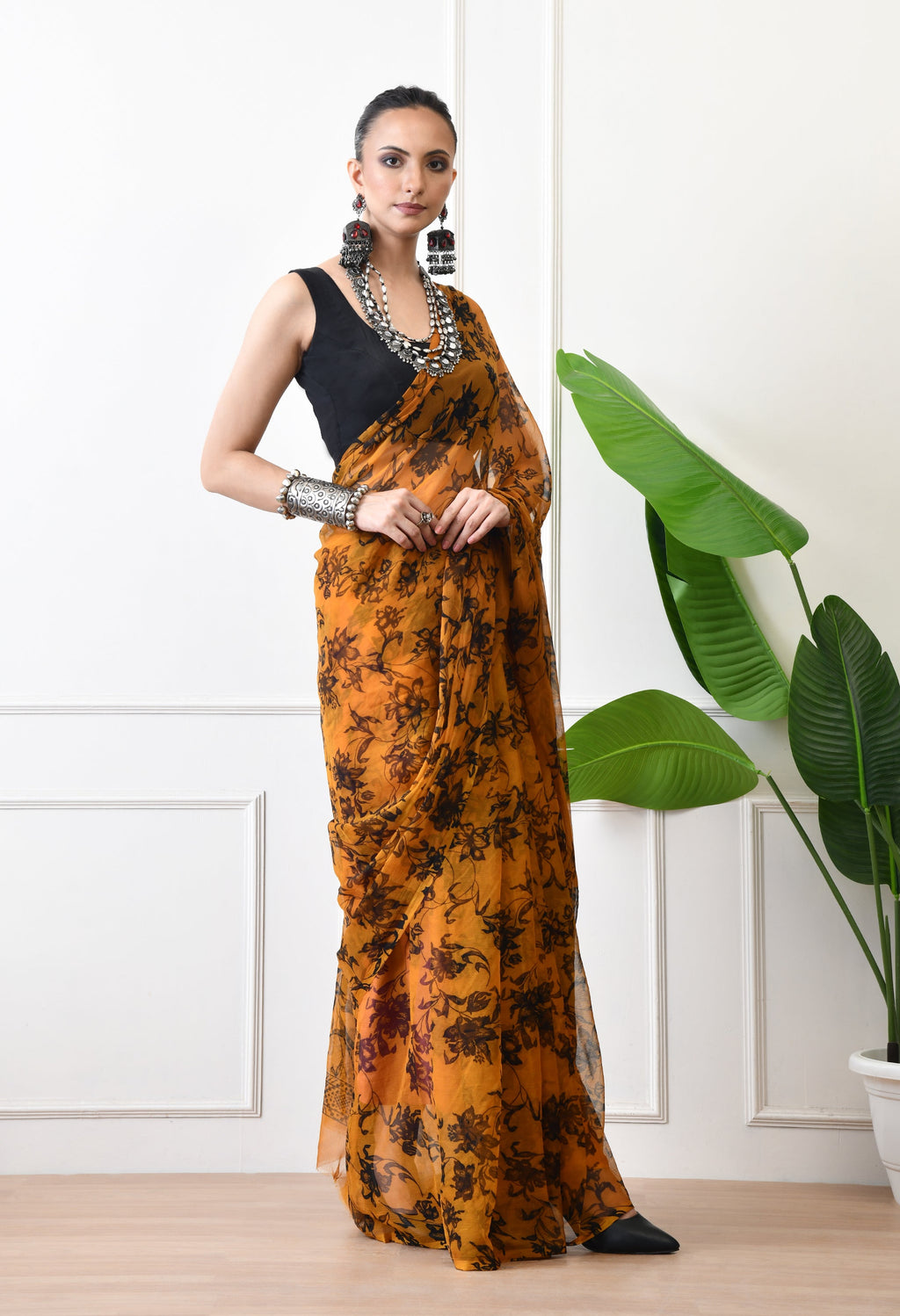 Printed Mustard Yellow Chiffon Saree