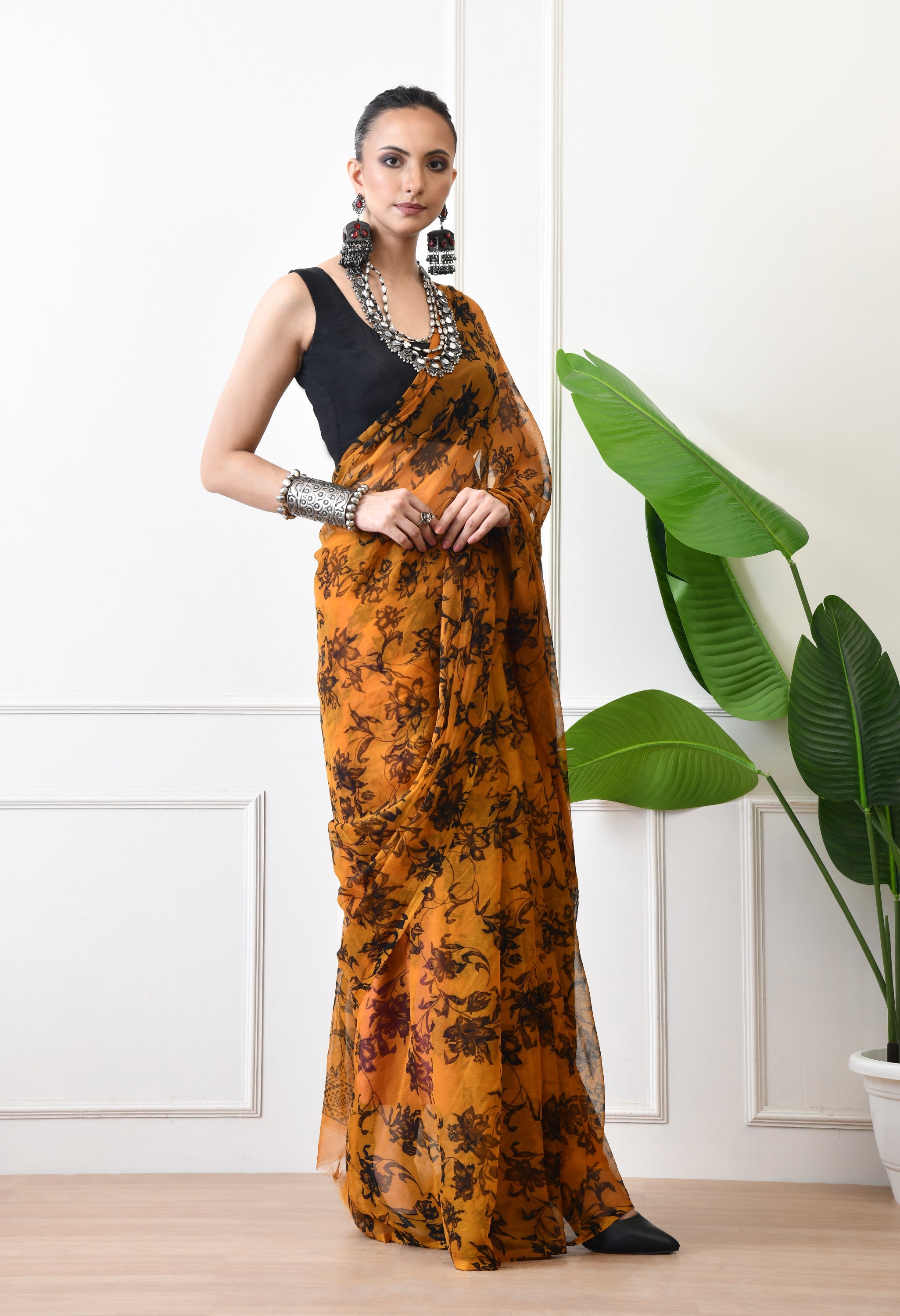 Printed Mustard Yellow Chiffon Saree