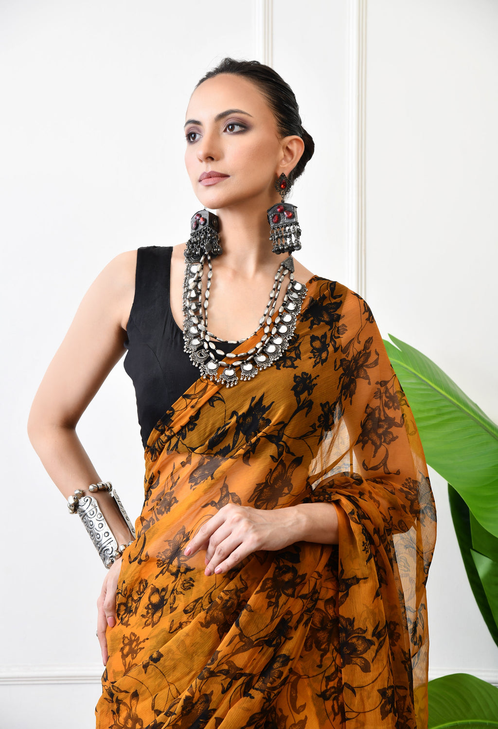 Printed Mustard Yellow Chiffon Saree