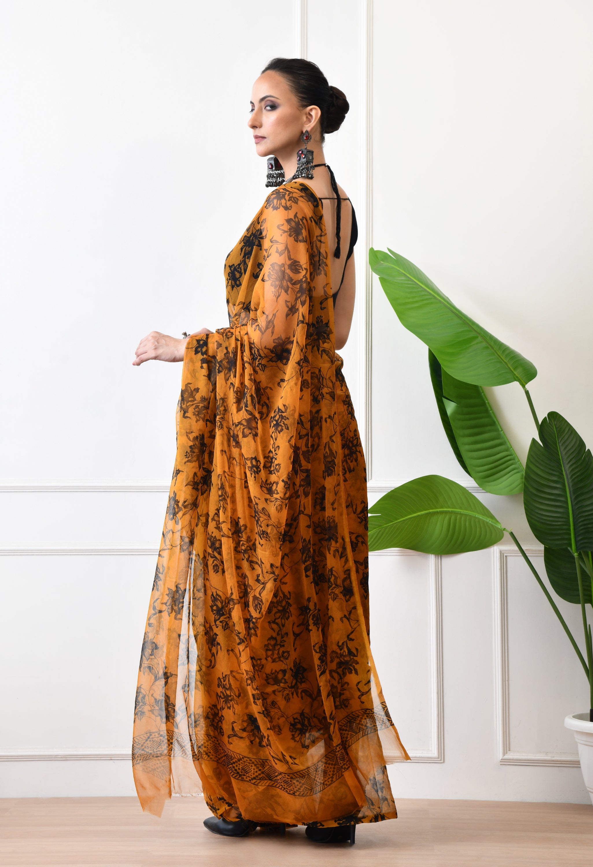 Printed Mustard Yellow Chiffon Saree