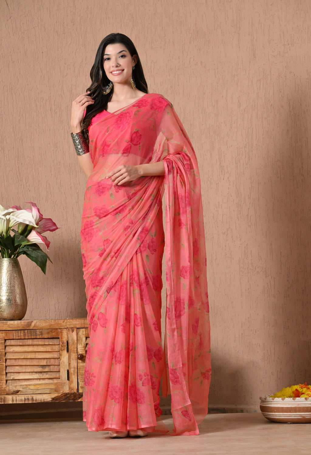 Tulip Pink Printed Chiffon Saree