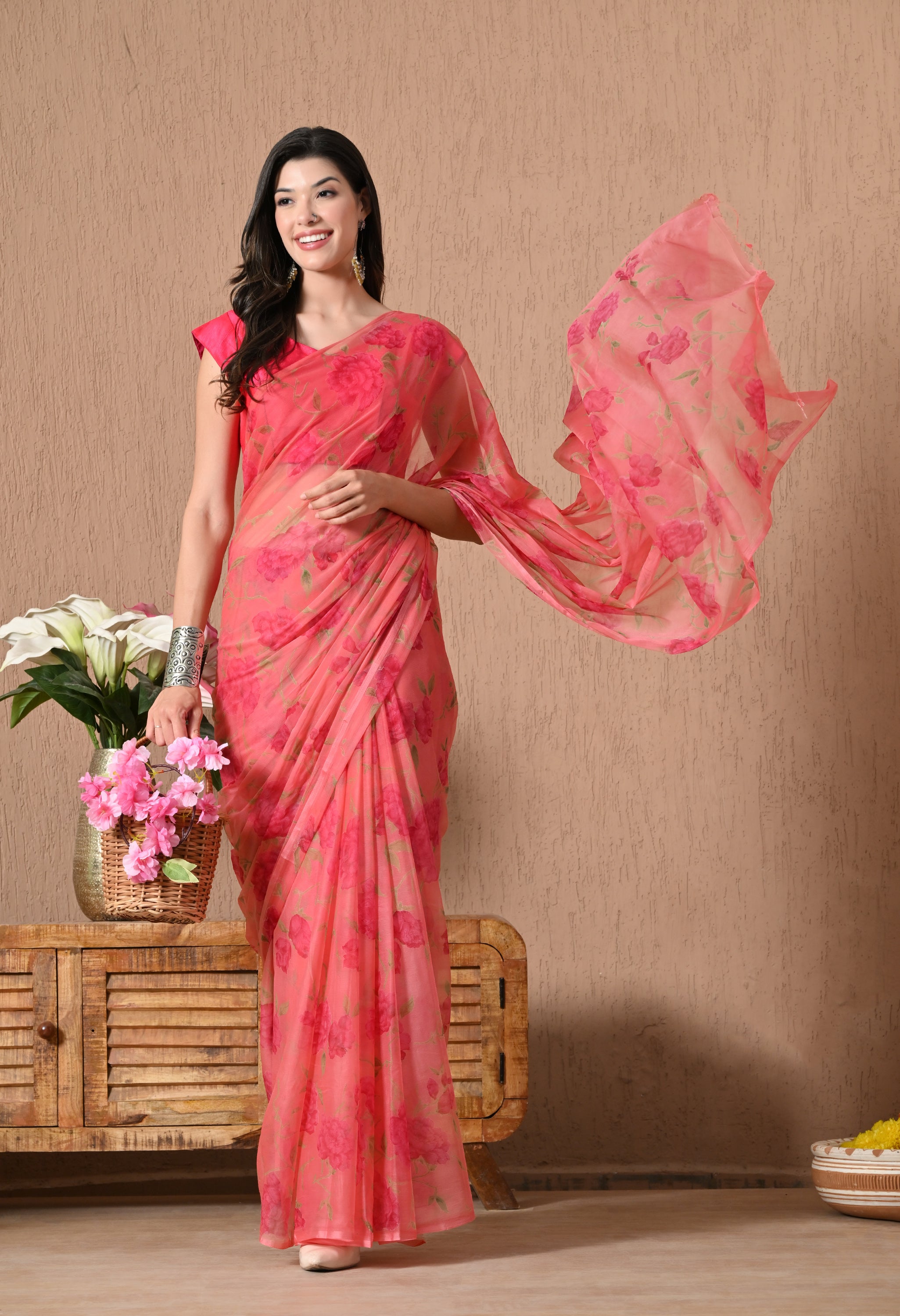 Tulip Pink Printed Chiffon Saree