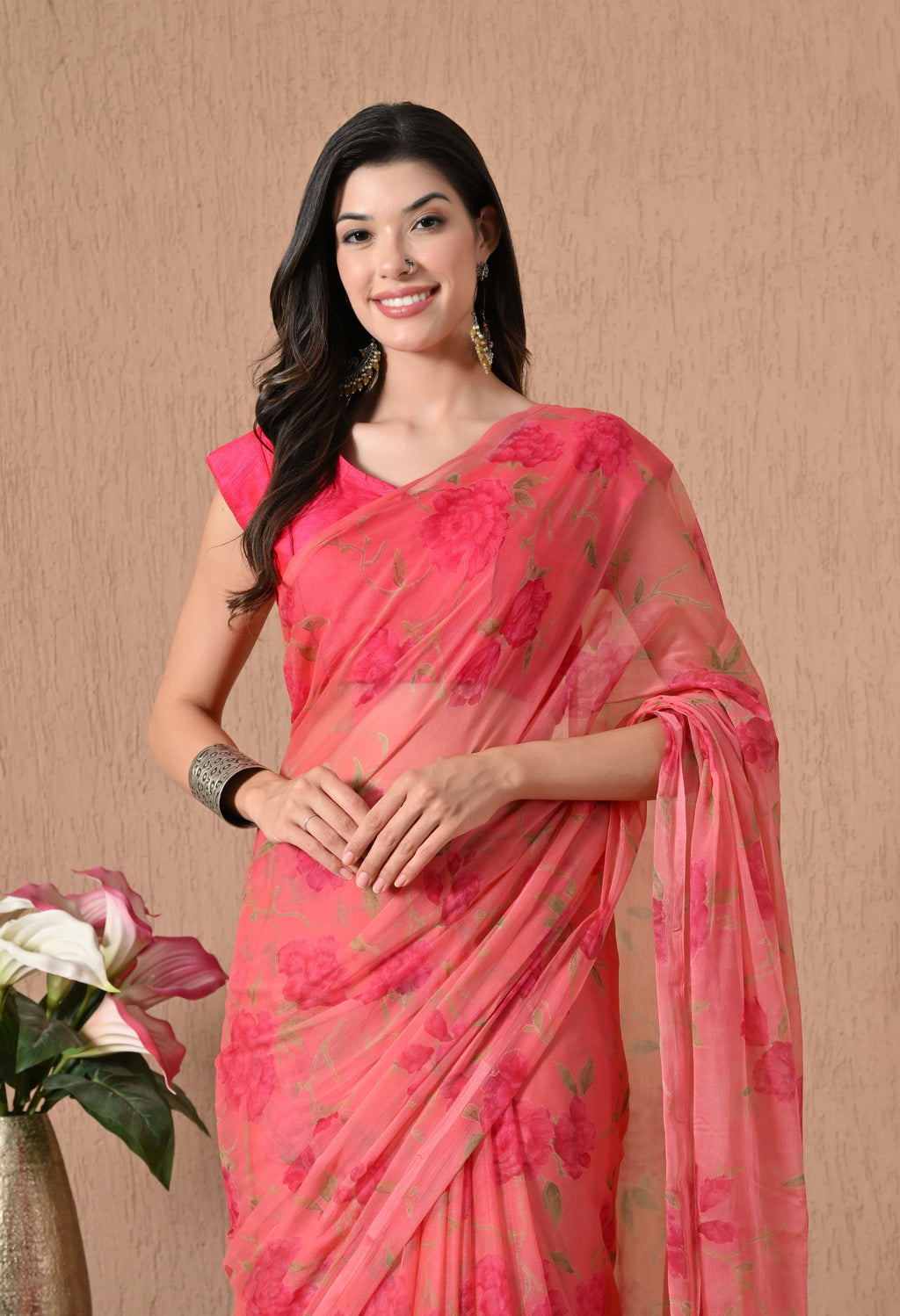 Tulip Pink Printed Chiffon Saree