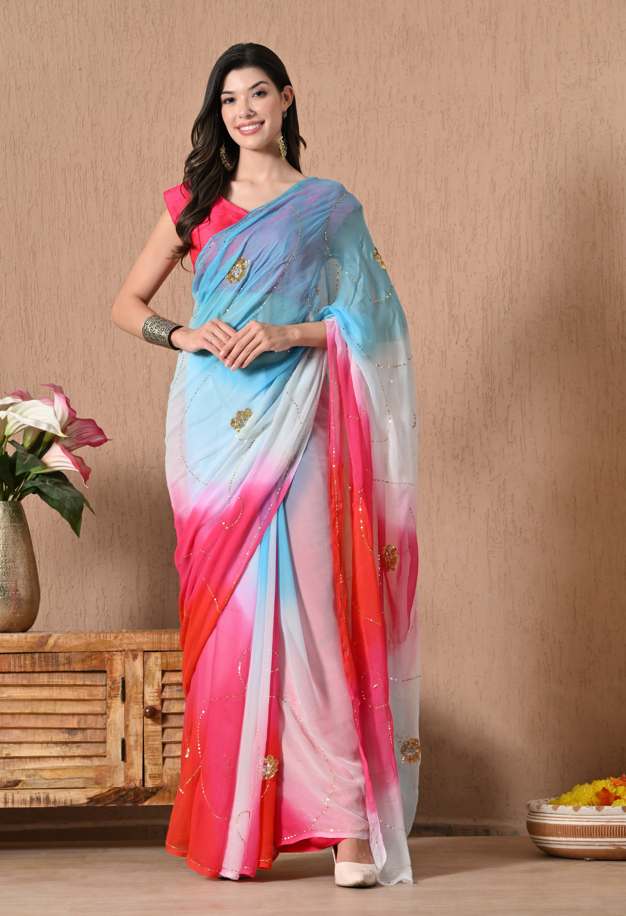 Vivid Pink Tie & Dye Sequin Diamond chiffon saree for festive wear, trousseau saree, suitable for farewell saree, daily wear saree, party wear saree looks.