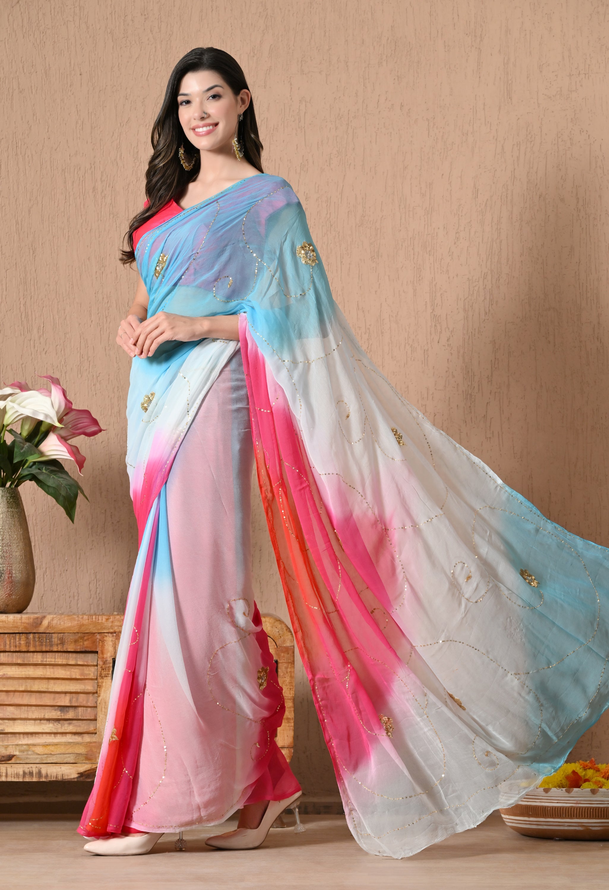 Vivid Pink Tie & Dye Sequin Diamond chiffon saree for festive wear, trousseau saree, suitable for farewell saree, daily wear saree, party wear saree looks.