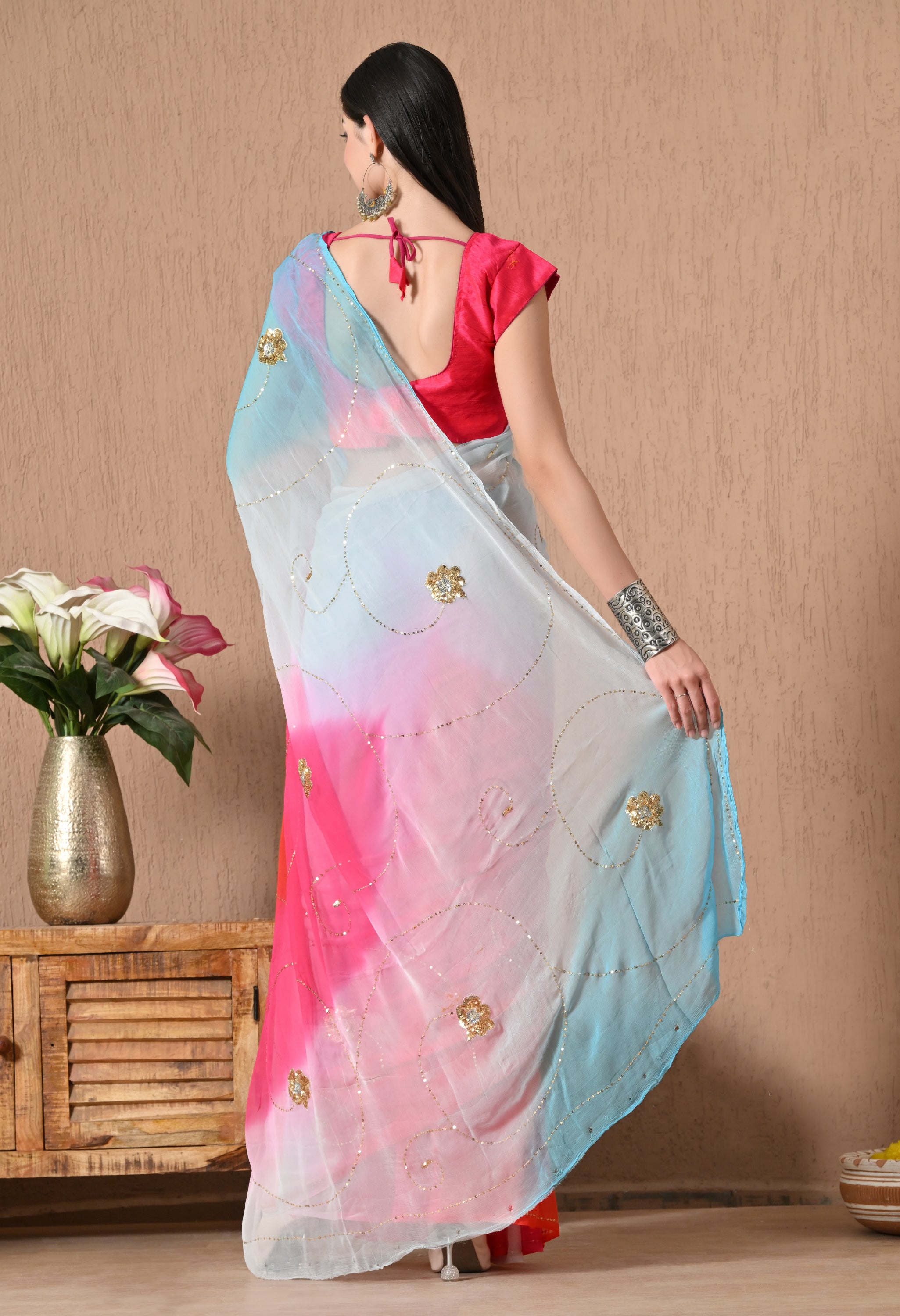 Vivid Pink Tie & Dye Sequin Diamond chiffon saree for festive wear, trousseau saree, suitable for farewell saree, daily wear saree, party wear saree looks.