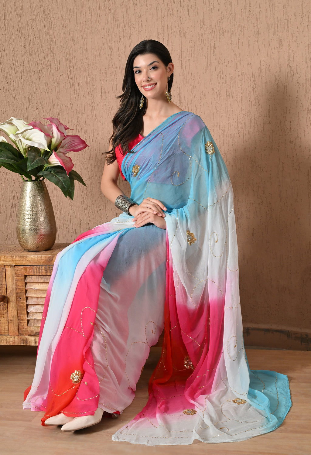 Vivid Pink Tie & Dye Sequin Diamond chiffon saree for festive wear, trousseau saree, suitable for farewell saree, daily wear saree, party wear saree looks.