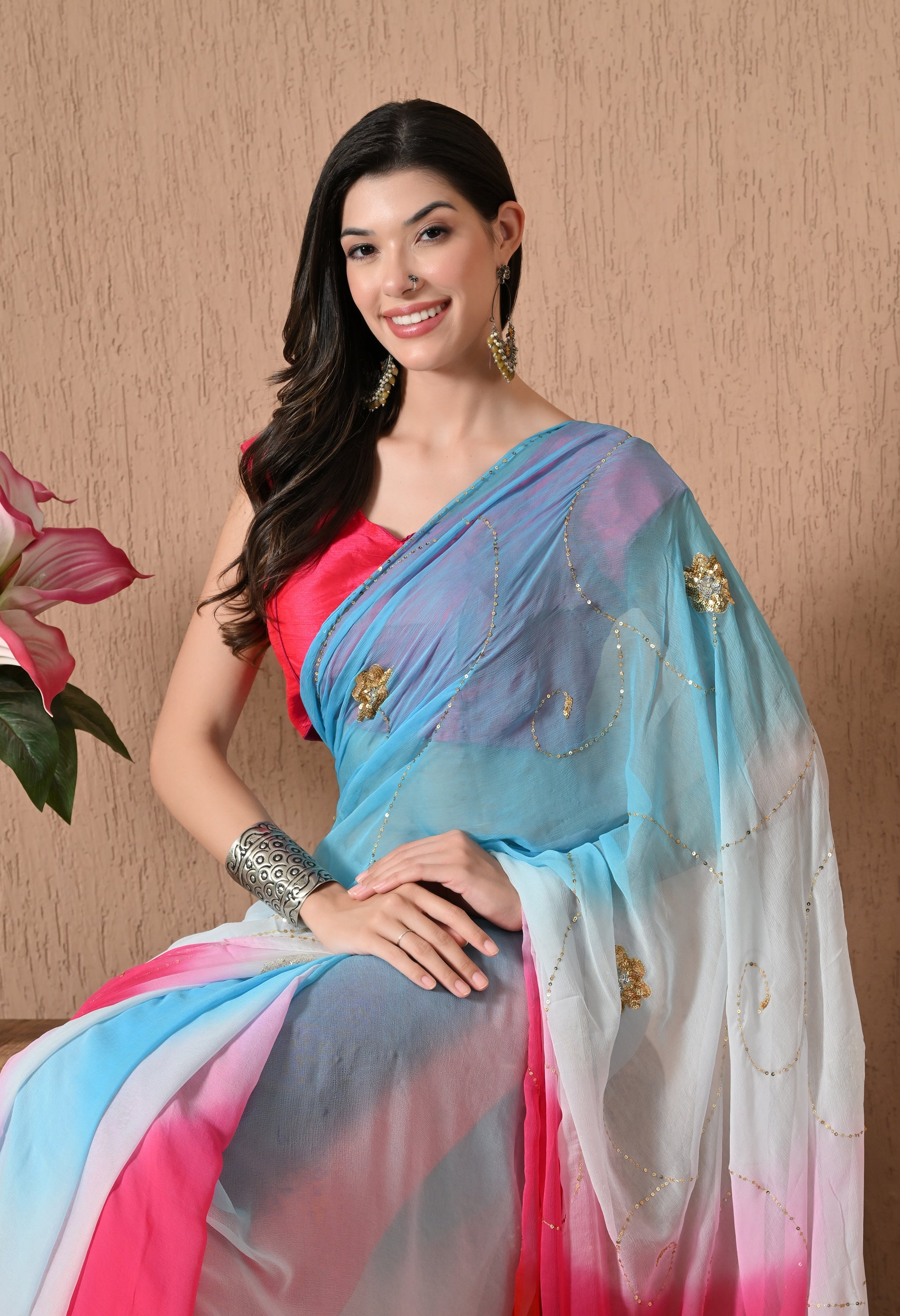 Vivid Pink Tie & Dye Sequin Diamond chiffon saree for festive wear, trousseau saree, suitable for farewell saree, daily wear saree, party wear saree looks.