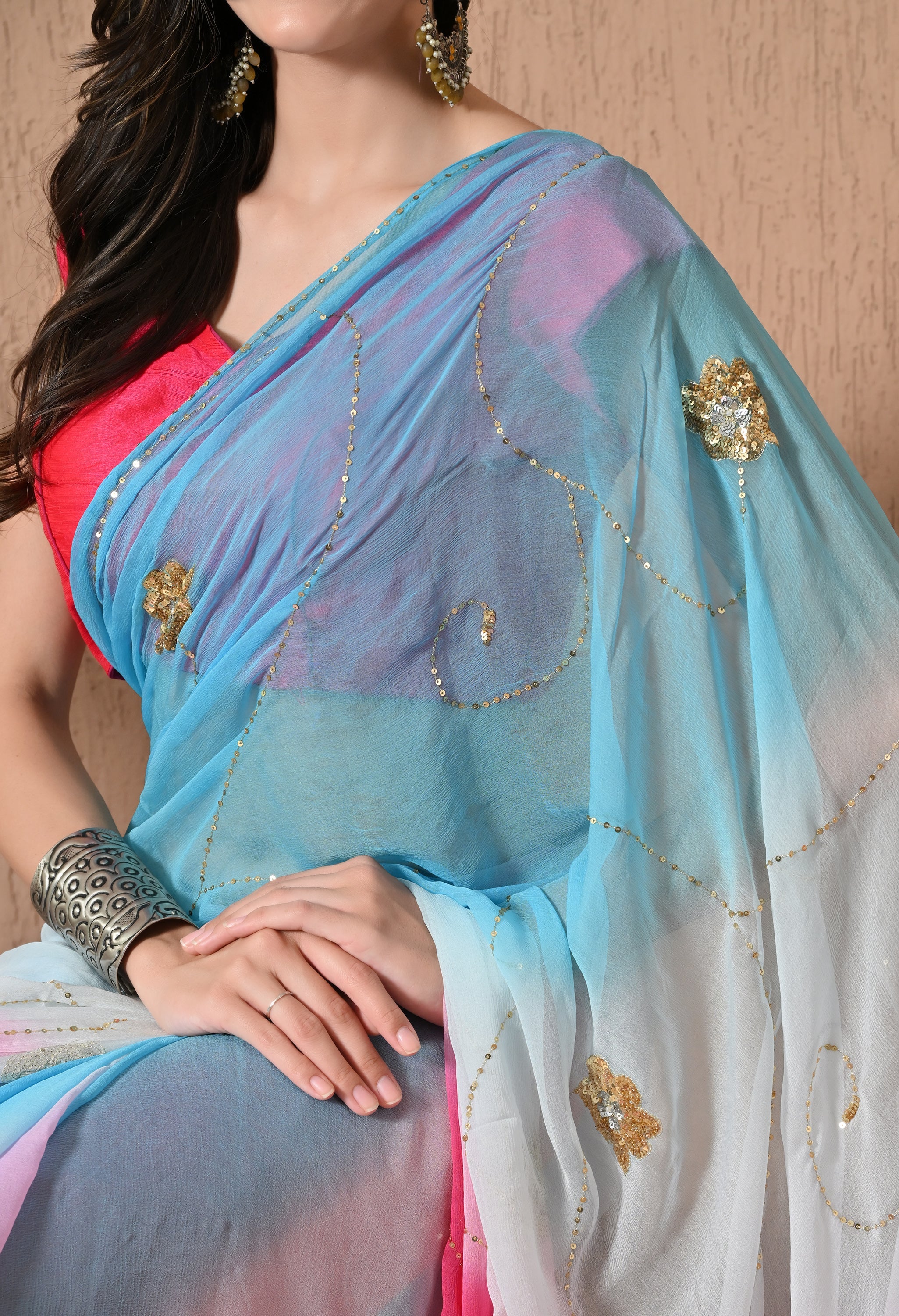 Vivid Pink Tie & Dye Sequin Diamond chiffon saree for festive wear, trousseau saree, suitable for farewell saree, daily wear saree, party wear saree looks.