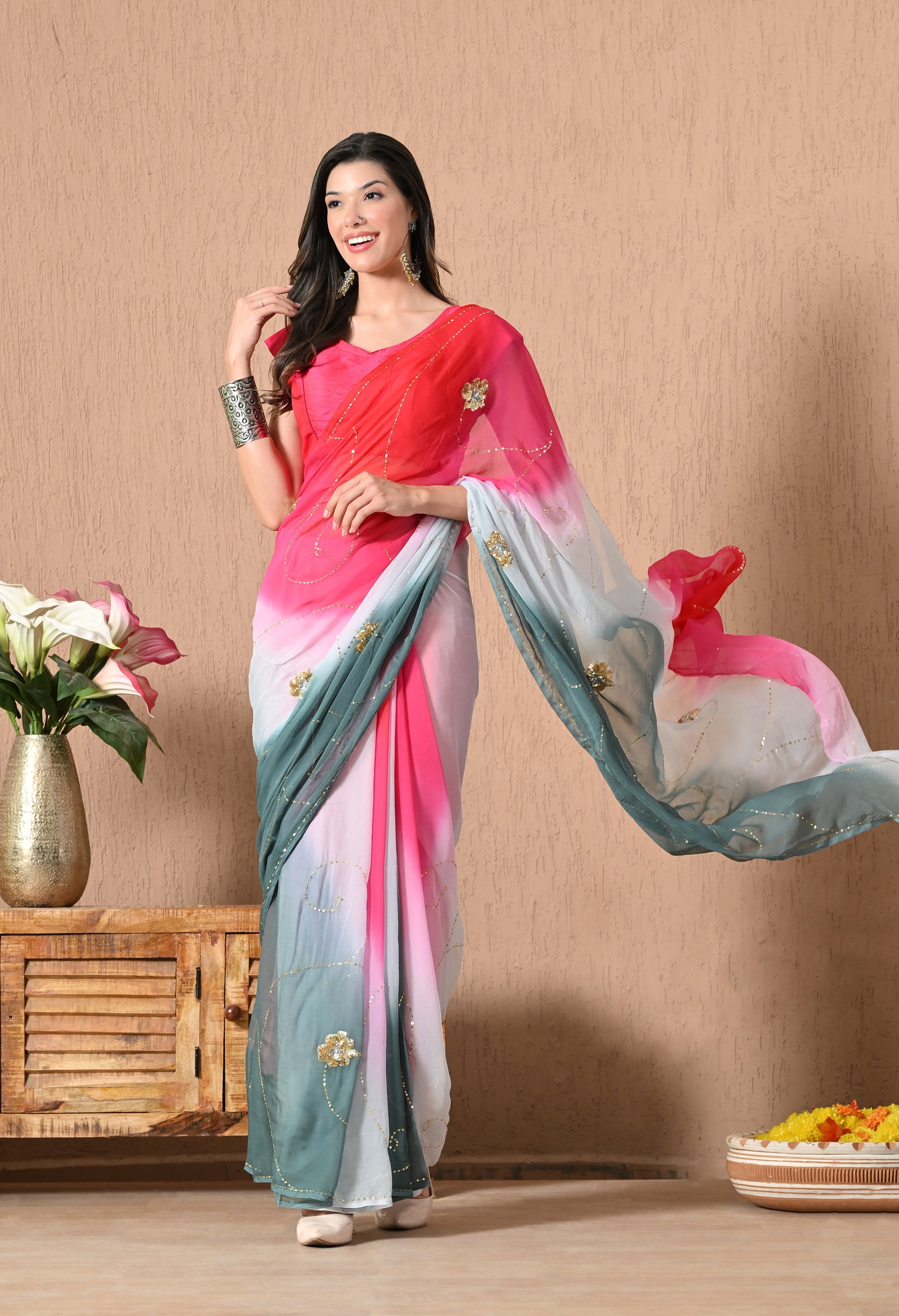 Grey Mulberry Tie & Dye Sequin Diamond chiffon saree for festive wear, trousseau saree, suitable for farewell saree, daily wear saree, party wear saree looks.