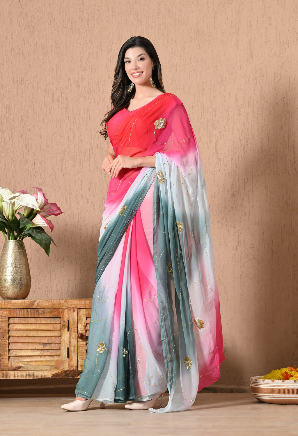 Grey Mulberry Tie & Dye Sequin Diamond chiffon saree for festive wear, trousseau saree, suitable for farewell saree, daily wear saree, party wear saree looks.
