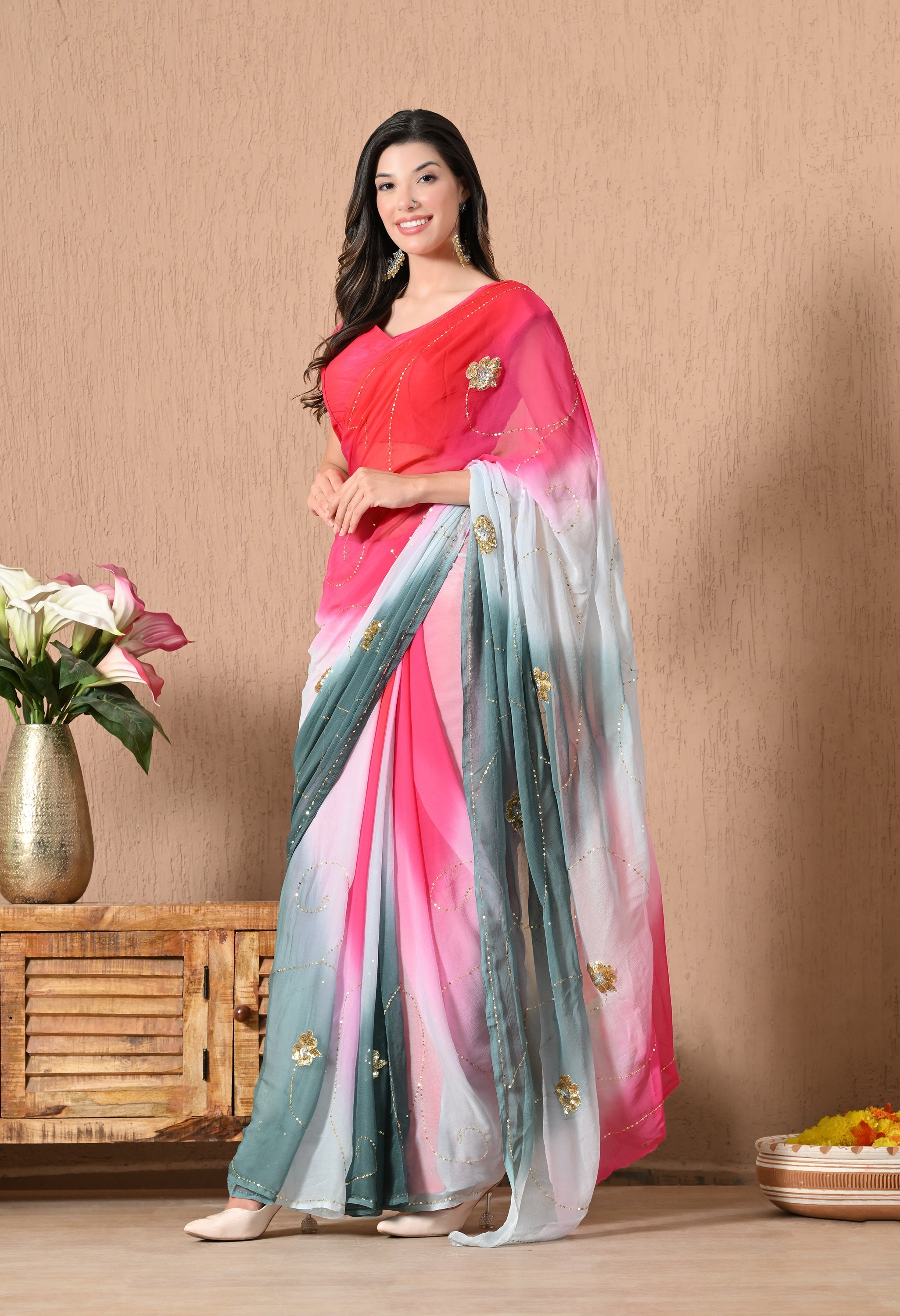 Grey Mulberry Tie & Dye Sequin Diamond chiffon saree for festive wear, trousseau saree, suitable for farewell saree, daily wear saree, party wear saree looks.