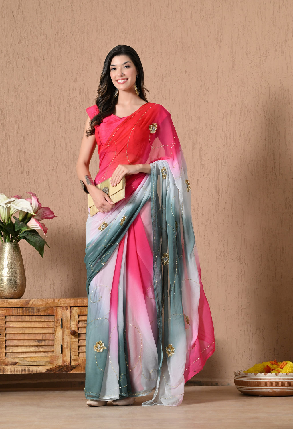 Grey Mulberry Tie & Dye Sequin Diamond chiffon saree for festive wear, trousseau saree, suitable for farewell saree, daily wear saree, party wear saree looks.