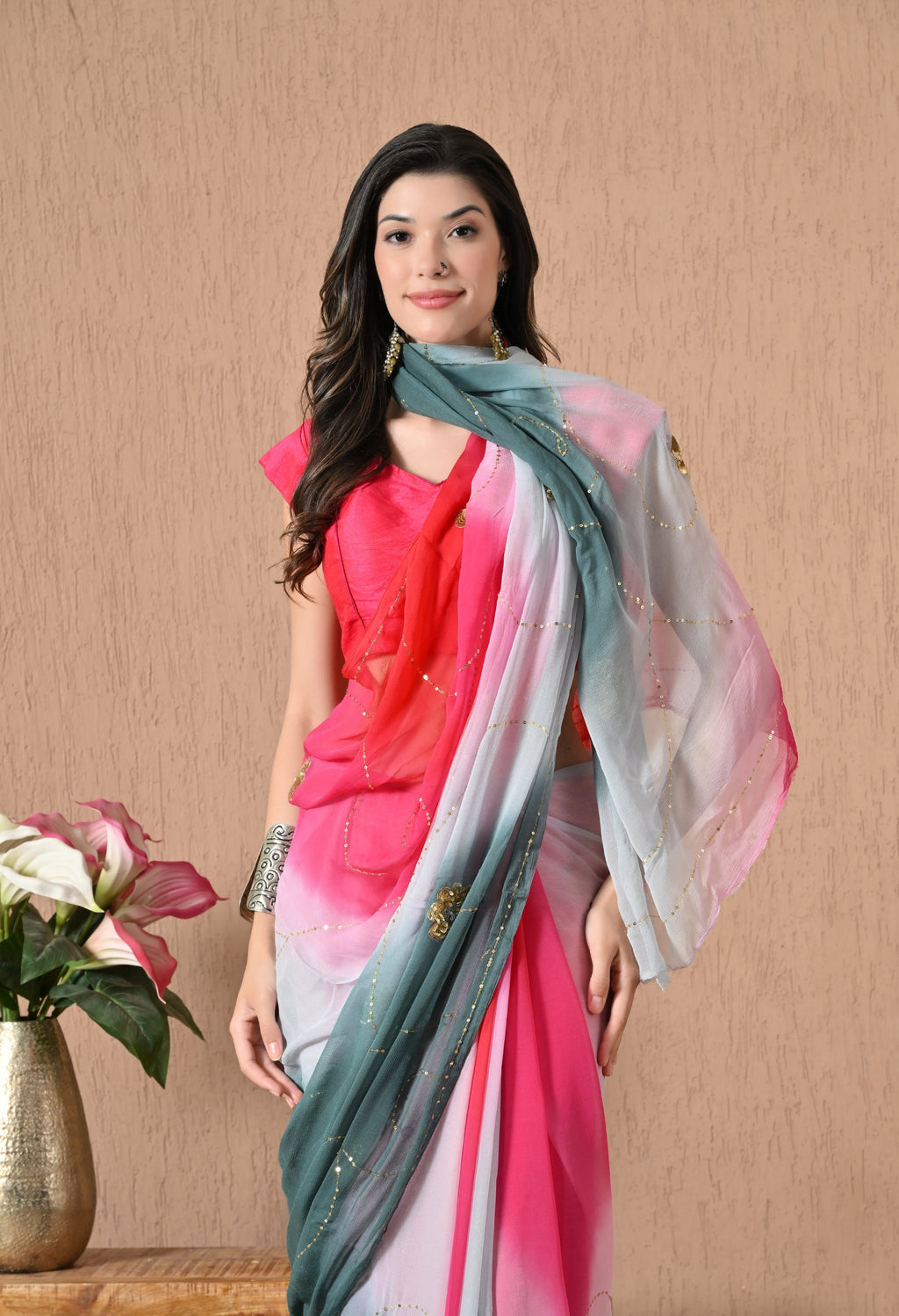 Grey Mulberry Tie & Dye Sequin Diamond chiffon saree for festive wear, trousseau saree, suitable for farewell saree, daily wear saree, party wear saree looks.