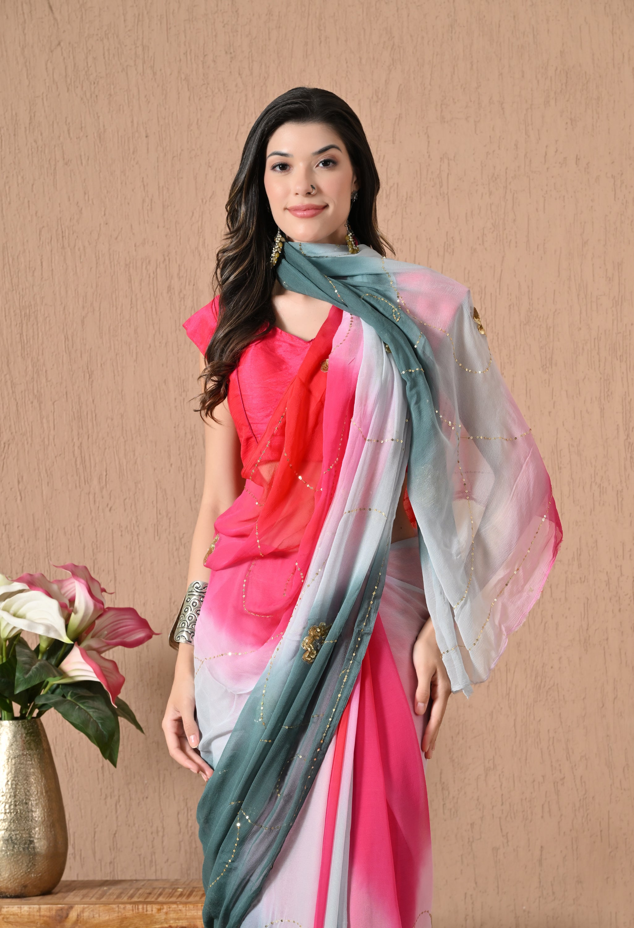 Grey Mulberry Tie & Dye Sequin Diamond chiffon saree for festive wear, trousseau saree, suitable for farewell saree, daily wear saree, party wear saree looks.