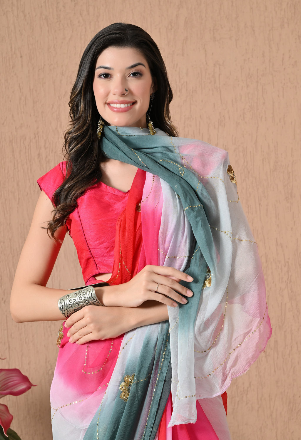 Grey Mulberry Tie & Dye Sequin Diamond chiffon saree for festive wear, trousseau saree, suitable for farewell saree, daily wear saree, party wear saree looks.