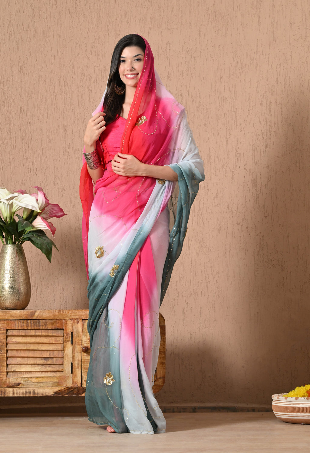 Grey Mulberry Tie & Dye Sequin Diamond chiffon saree for festive wear, trousseau saree, suitable for farewell saree, daily wear saree, party wear saree looks.