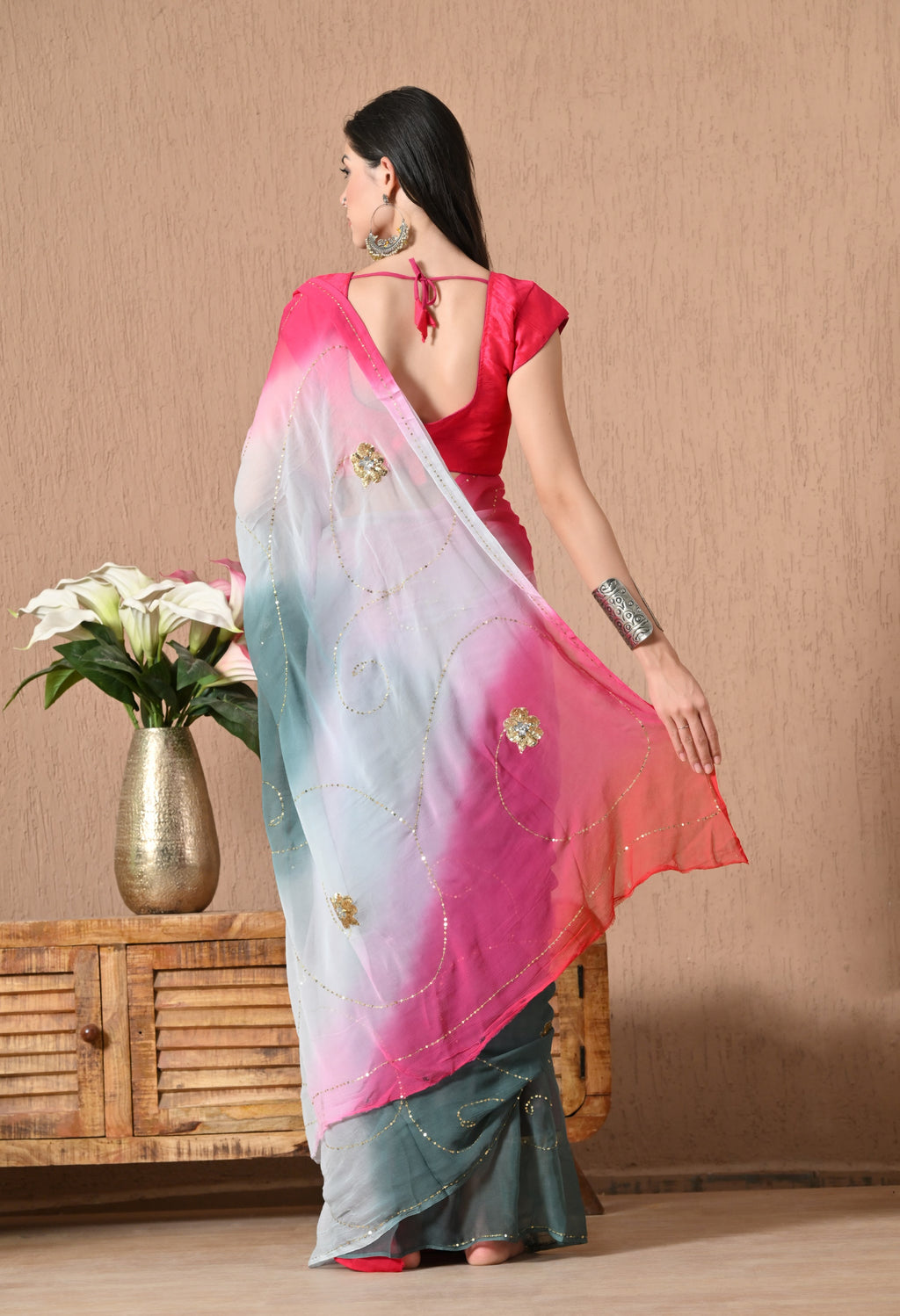 Grey Mulberry Tie & Dye Sequin Diamond chiffon saree for festive wear, trousseau saree, suitable for farewell saree, daily wear saree, party wear saree looks.