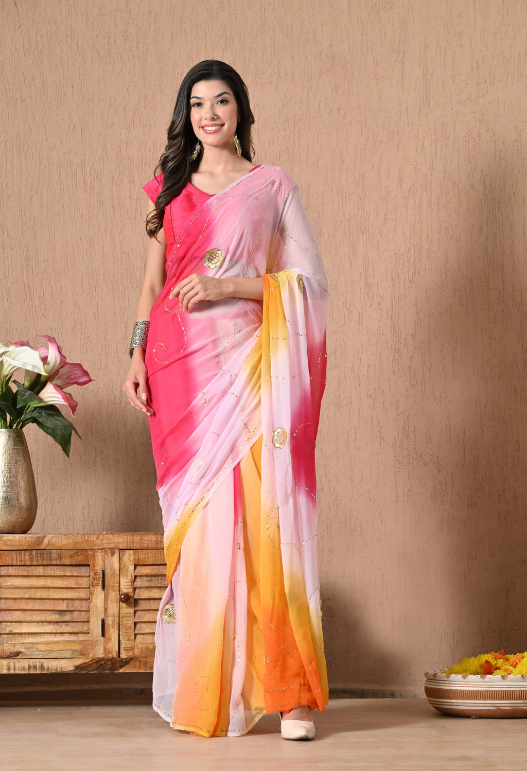Salmon Pink Tie & Dye Sequin Diamond chiffon saree for festive wear, trousseau saree, suitable for farewell saree, daily wear saree, party wear saree looks.