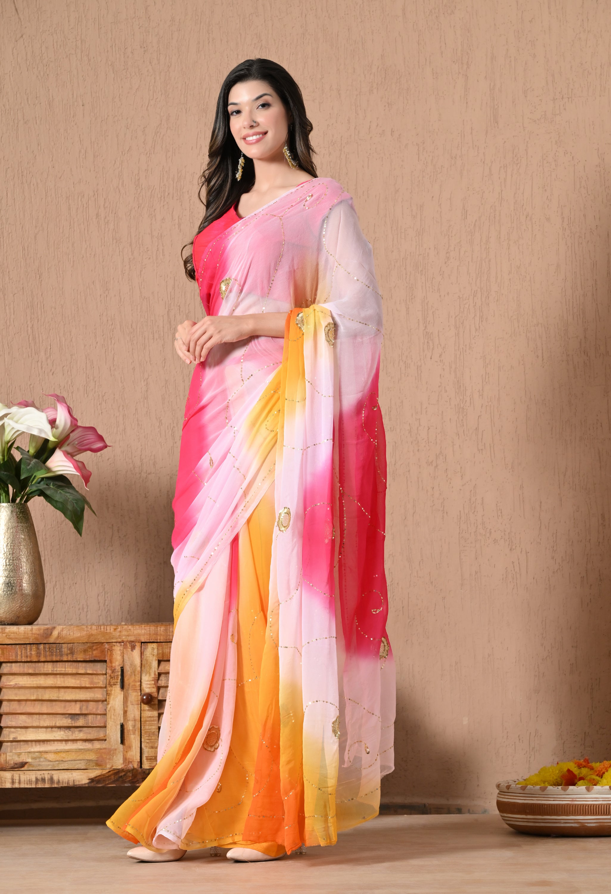 Salmon Pink Tie & Dye Sequin Diamond chiffon saree for festive wear, trousseau saree, suitable for farewell saree, daily wear saree, party wear saree looks.