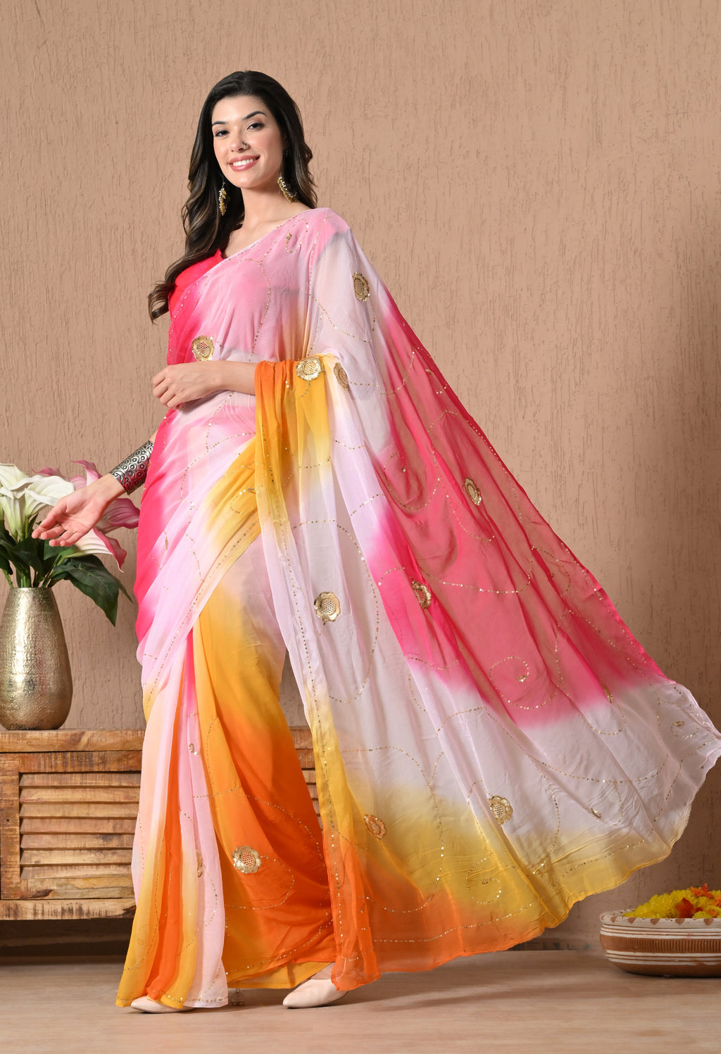 Salmon Pink Tie & Dye Sequin Diamond chiffon saree for festive wear, trousseau saree, suitable for farewell saree, daily wear saree, party wear saree looks.