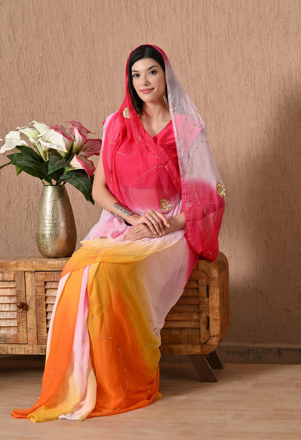 Salmon Pink Tie & Dye Sequin Diamond chiffon saree for festive wear, trousseau saree, suitable for farewell saree, daily wear saree, party wear saree looks.