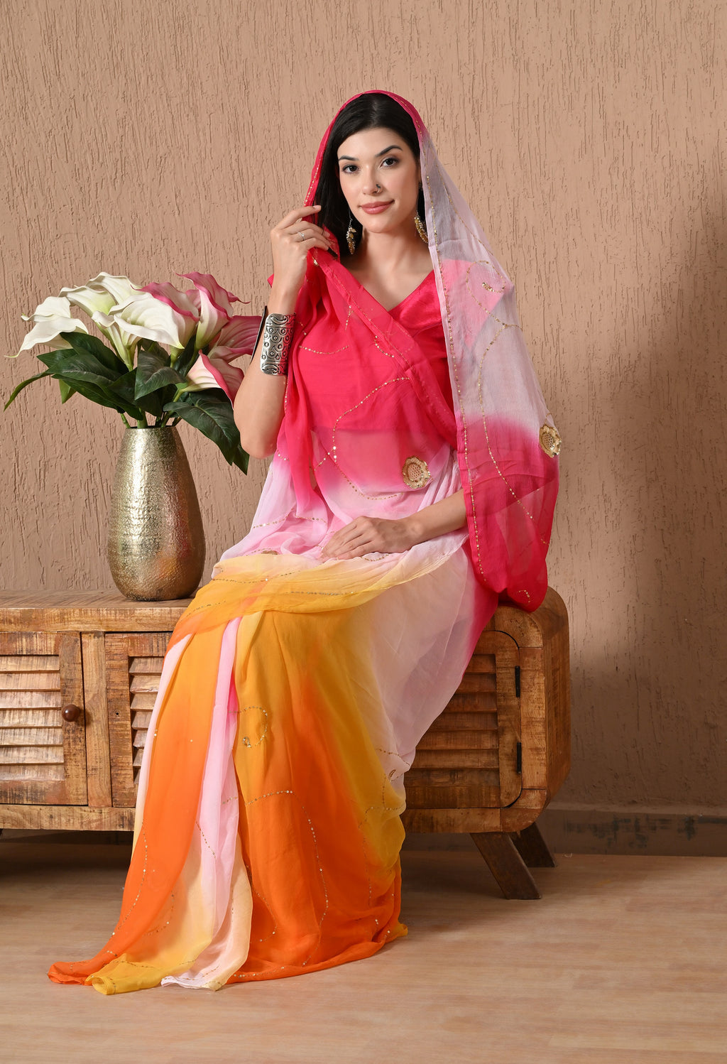 Salmon Pink Tie & Dye Sequin Diamond chiffon saree for festive wear, trousseau saree, suitable for farewell saree, daily wear saree, party wear saree looks.