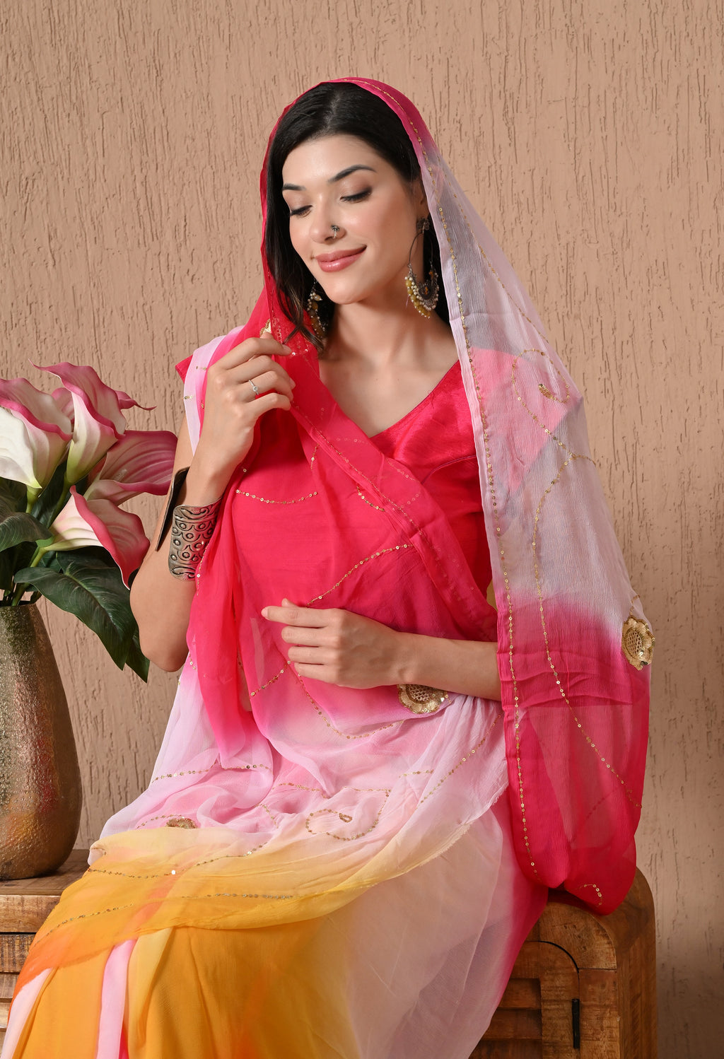 Salmon Pink Tie & Dye Sequin Diamond chiffon saree for festive wear, trousseau saree, suitable for farewell saree, daily wear saree, party wear saree looks.