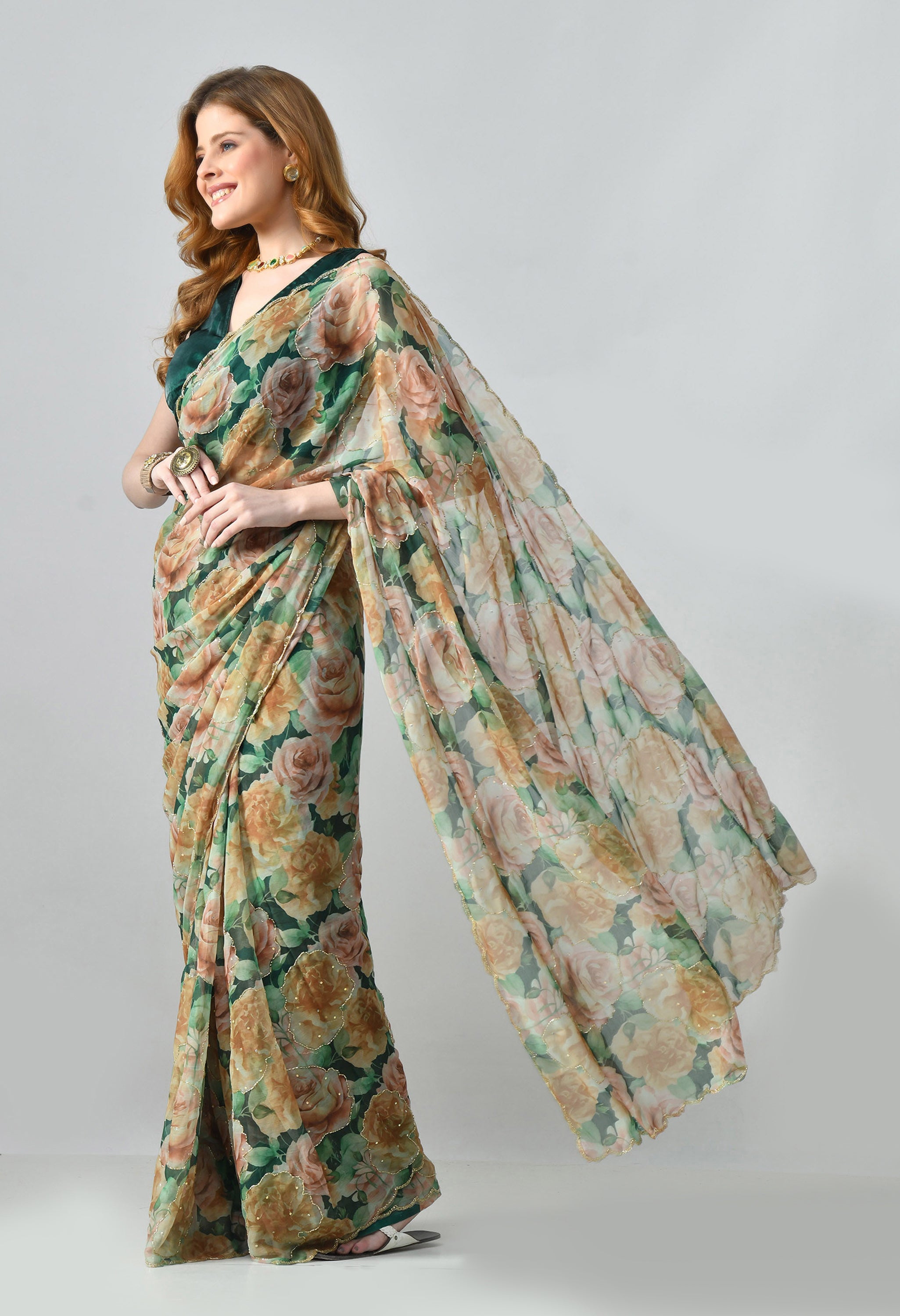 Digital Printed Green Chiffon Saree