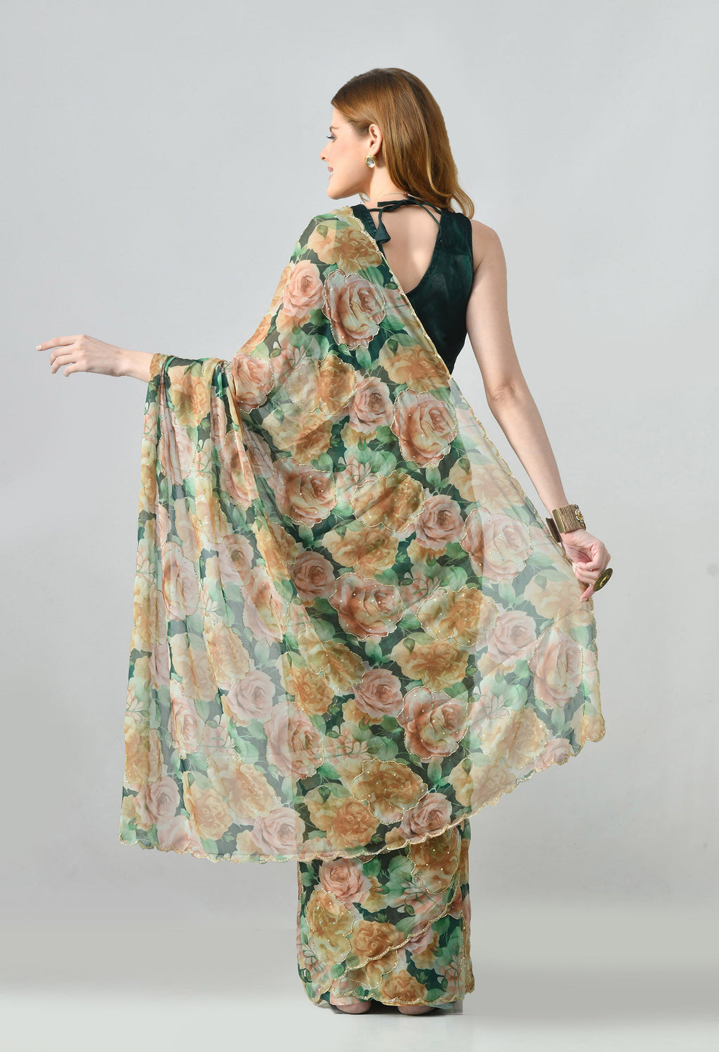 Digital Printed Green Chiffon Saree