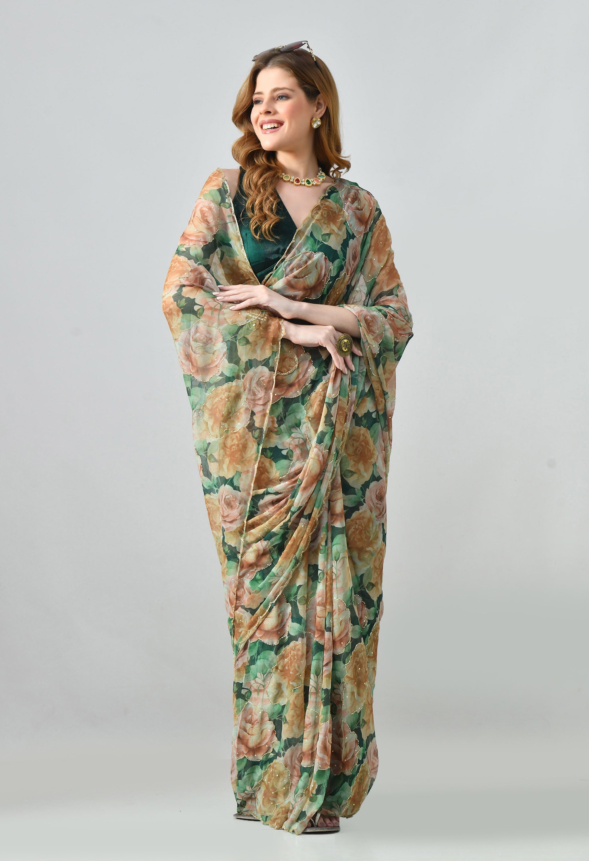 Digital Printed Green Chiffon Saree