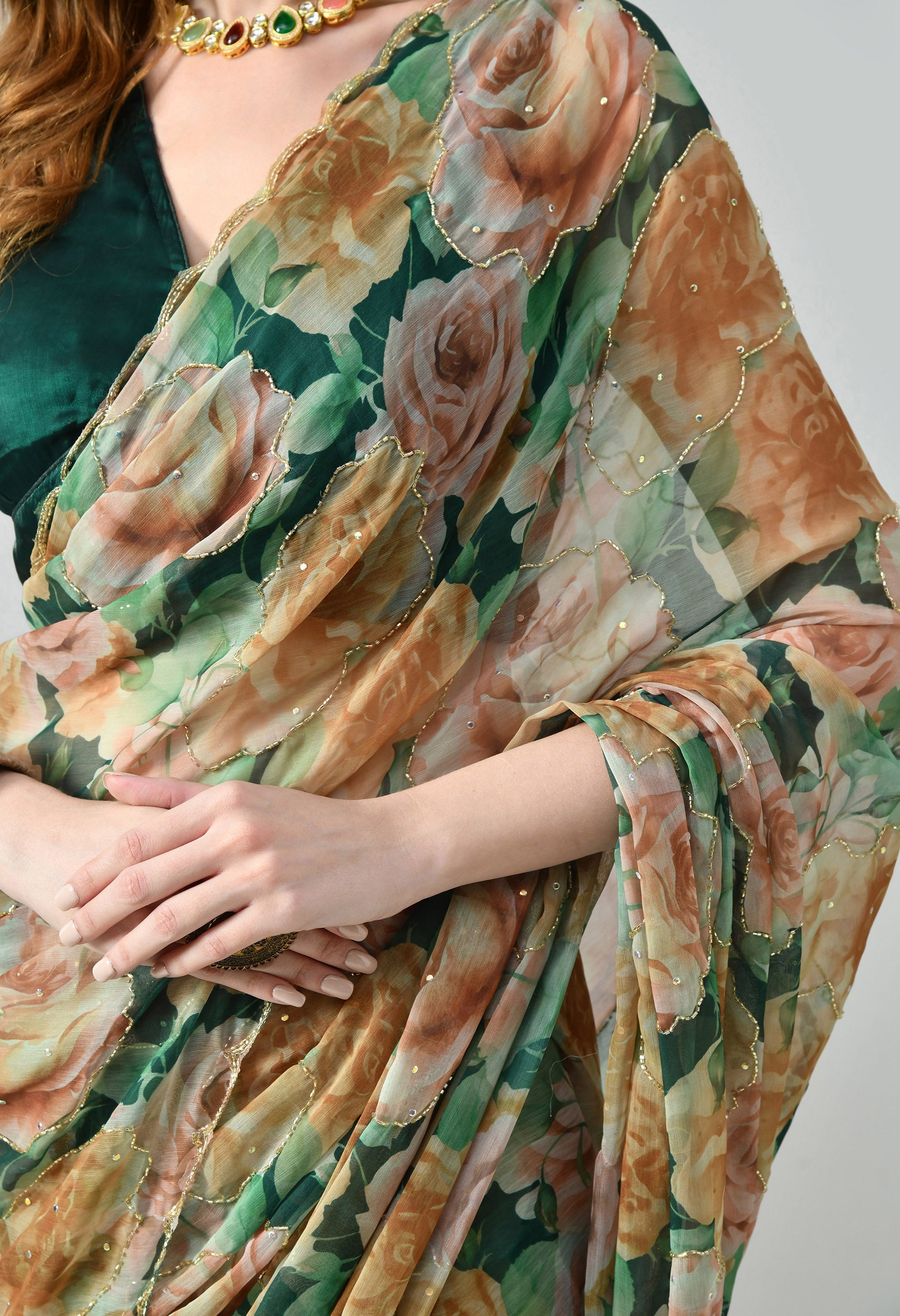 Digital Printed Green Chiffon Saree