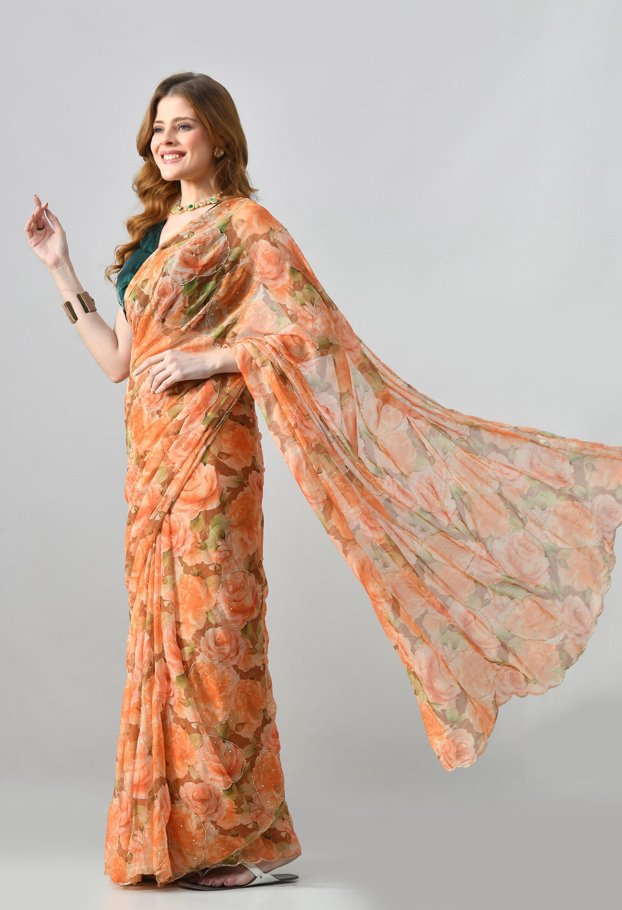 Digital Printed Yellow Chiffon Saree